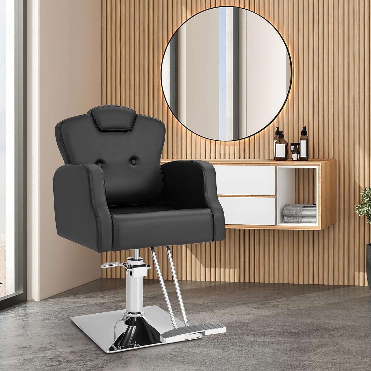 RELAX4LIFE Silla Peluquería Giratoria 360°con Reposacabezas Ajustable y Reposapiés, Sillón Barbero con Altura Regulable y Bomba Hidráulica para Salón de SPA y Belleza, Barbería, Carga 150 kg (Negro)
