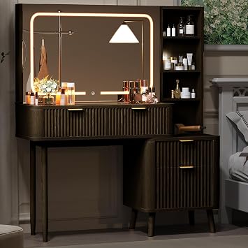 Vikiullf Modern Makeup Vanity Desk with LED Mirror, Fluted Wood Design, Storage Drawers, Touch Control Light, 47.2x31.5 Inches, Natural Oak Brown Wood Grain, 47in