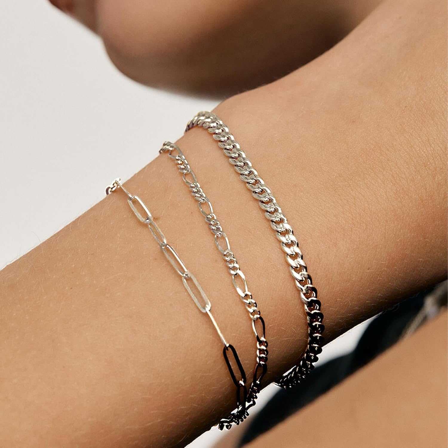 Kainier Gold Bracelets for Women 14k Gold Plated Jewelry Sets for Women Thin Dainty Stackable Paperclip Link Bracelet Adjustable Layered Waterproof Chain Bracelet Gift Gold/Silver - Image 2