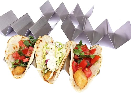 Miniatura 6 de Juego de 2 soportes metálicos para tacos  Bandejas de tacos de acero inoxidable  Apto para lavavajillas, horno y parrilla  Ideal para sándwiches y
