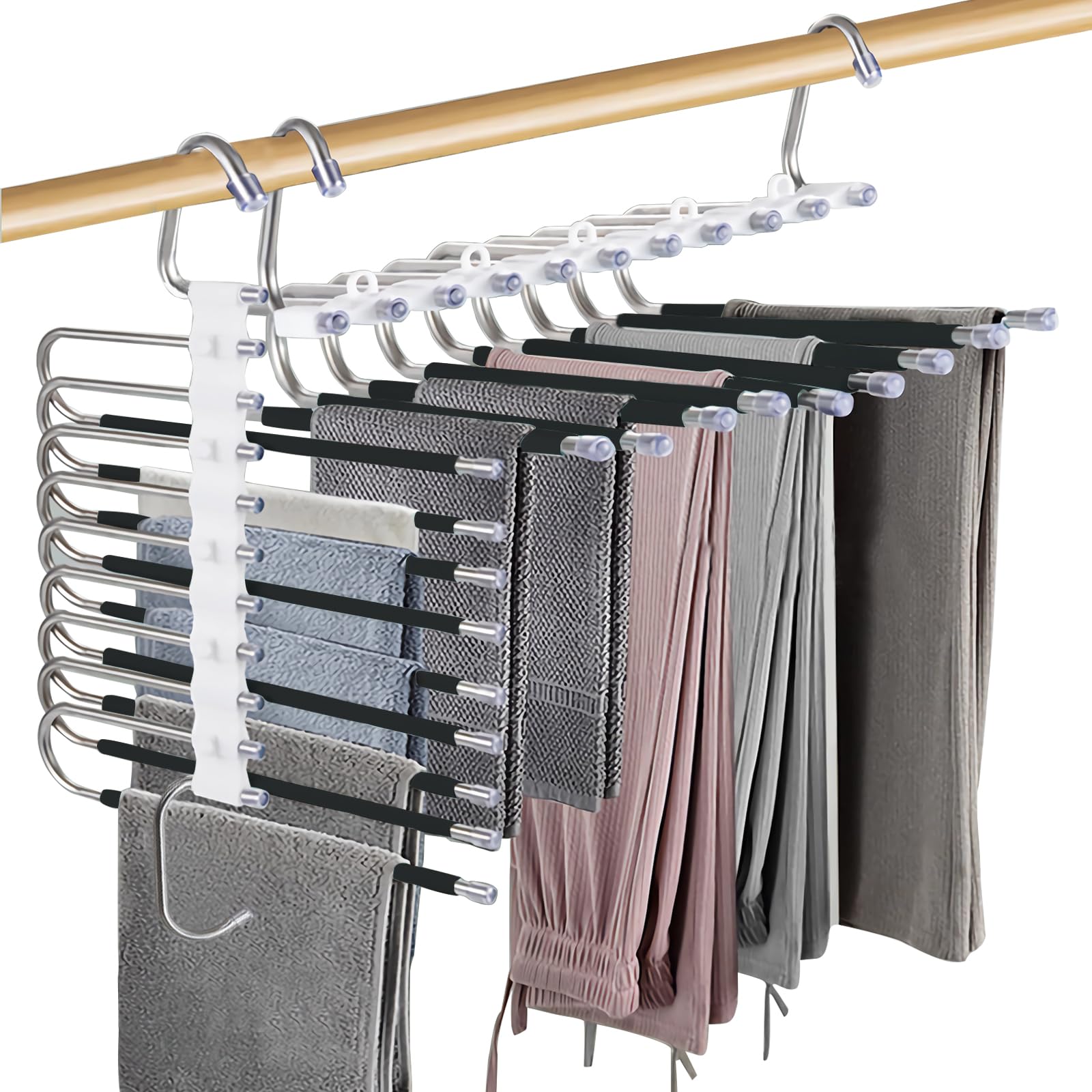 Loputon Grucce Pantaloni, 2 Pezzi Grucce Appendiabiti Pantaloni Salvaspazio in Acciaio Inox Antiscivolo Multifunzione Appendini Per Pantaloni Sciarpe, Jeans, Vestiti - Nero con 14 Appendini