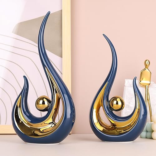 Miniatura 6 de XMGZQ 2 piezas de decoración de cerámica azul, azul marino y dorado para dormitorio, decoración del hogar, arte abstracto moderno, estatua de