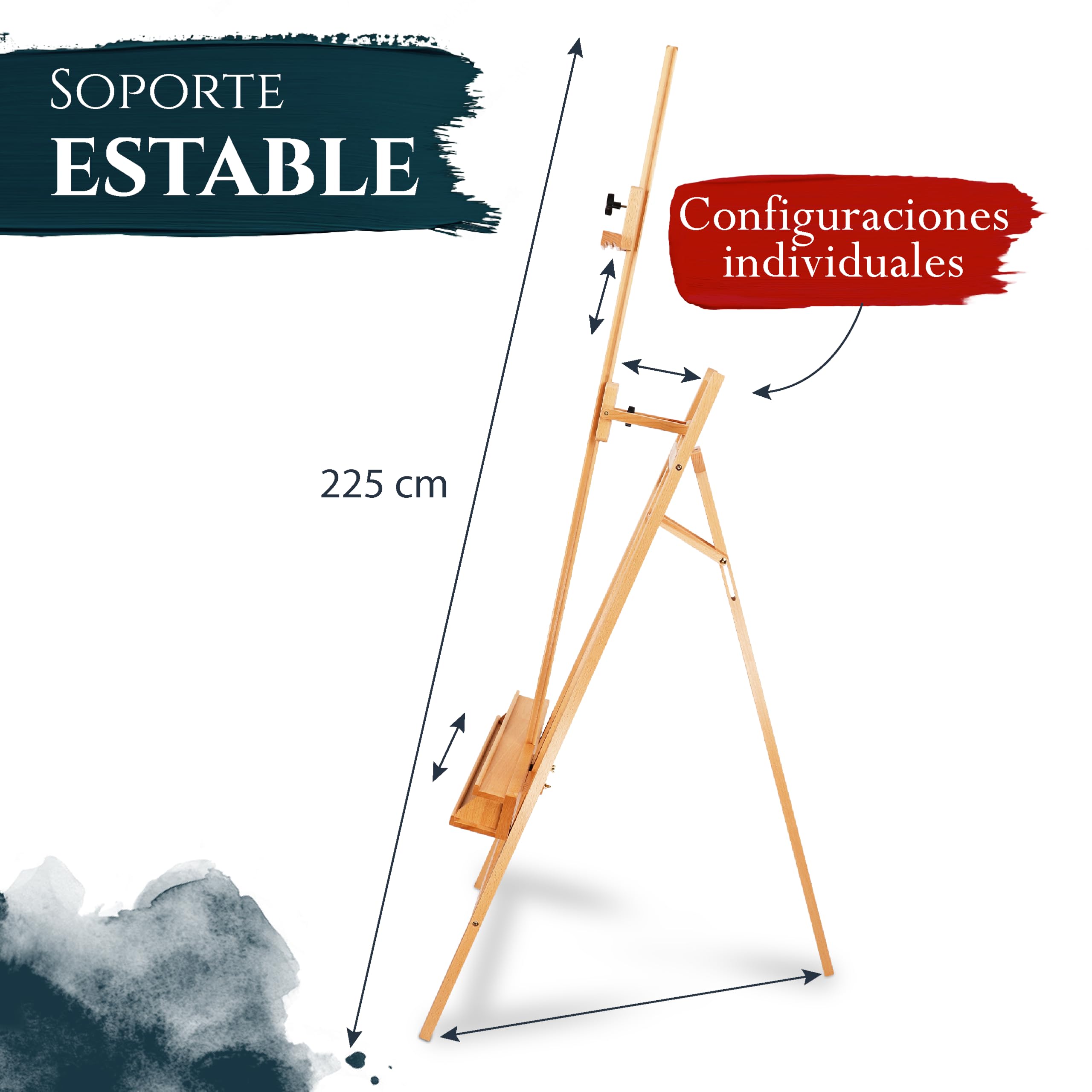 Artina – Kit de pintura 30 piezas con caballete de madera Barcelona + bastidores set Santorini – Set de acrílicos, pinceles y lienzos hasta 120cm, para iniciación y artistas aficionados