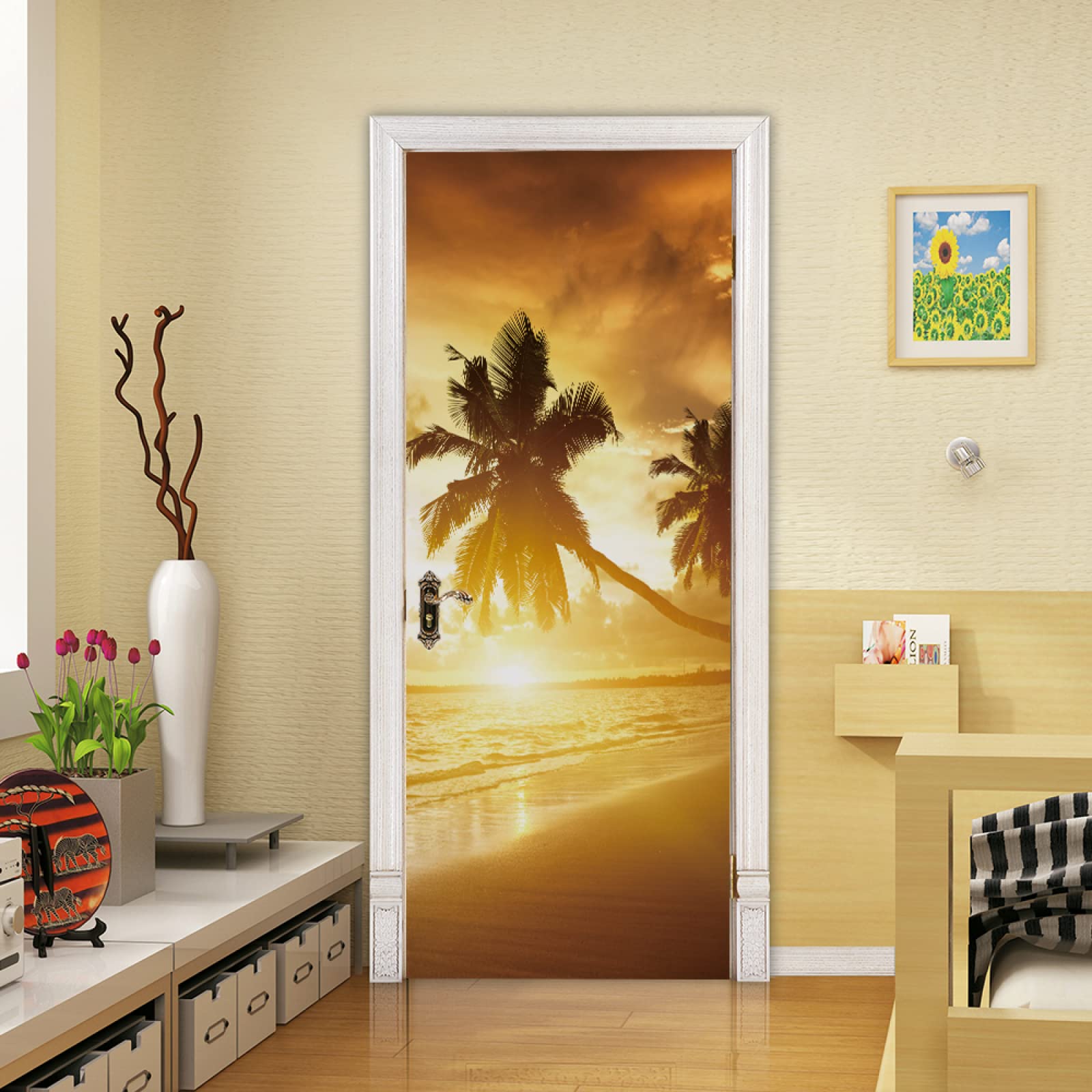 Tizhweqo Stickers Porte Trompe L'Oeil Feuilles Palmier 77x200cm - Autocollant Décoration Murale 3D