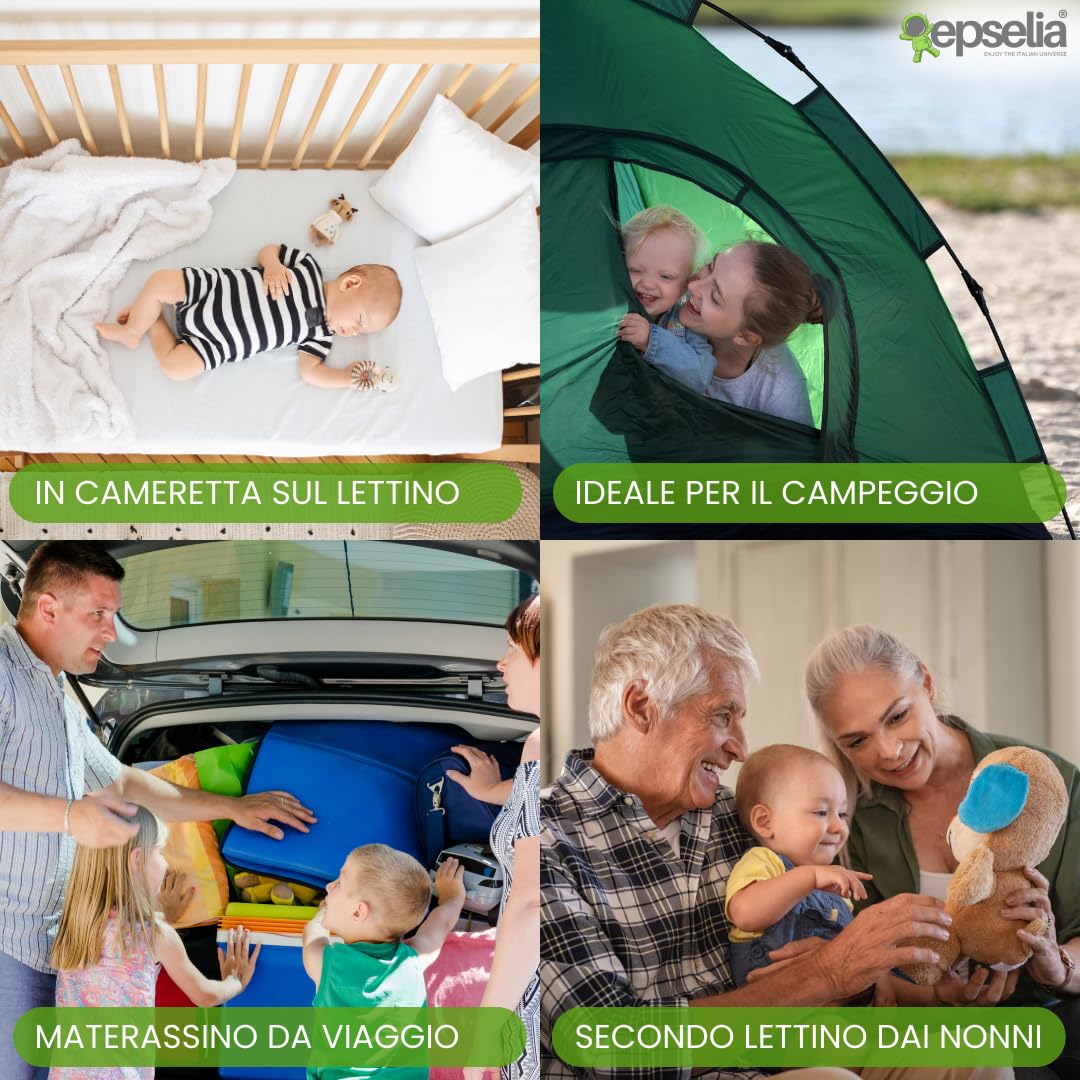 EPSELIA Materasso Lettino per Bambini Arrotolabile e Bordato per Viaggio o Campeggio, cm 60x120 H4 Certificato Antisoffoco EN16890:2017 Poliuretano CertiPUR™ OEKO-TEX®