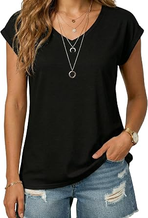 AURUZA Womens Casual U Neck Cap Sleeve T Shirts Soft Lightweight Loose Fit Summer Spring Tees