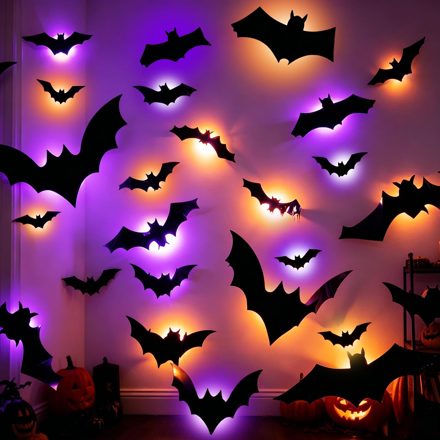 Dazzle Bright 100 PCS Halloween Bats Stickers with 60 Purple and Orange Lights, Lighted 3D Bat Wall Stickers, Halloween Decorations for Indoor Home Garage Window Decor Party Supplies