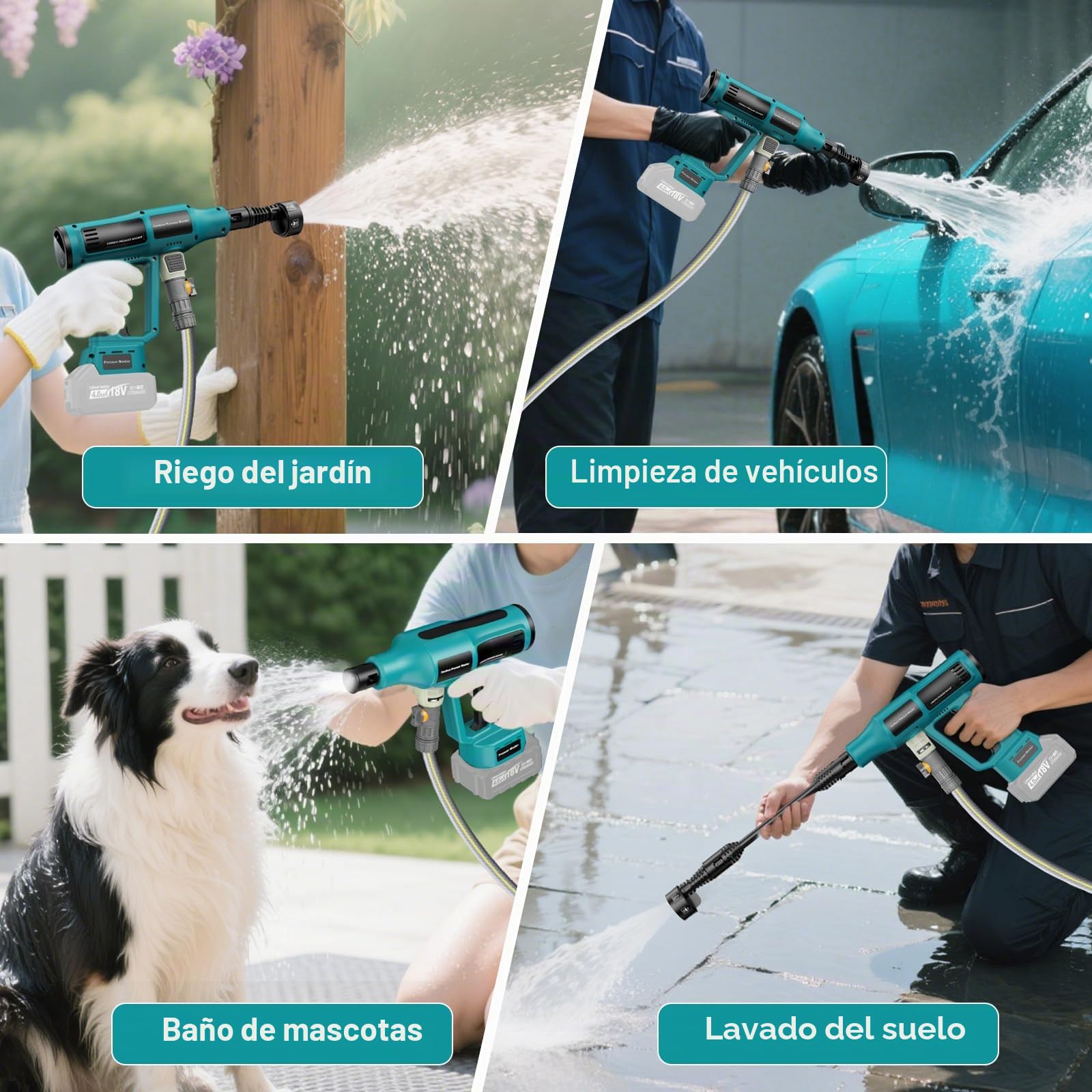 Hidrolimpiadora a Batería 700 PSI, Pistola de Agua a Presión Portátil con Boquilla 6 en 1, 2 Baterías 4.0 Ah y Tubo de 5 m, Compatible con Makita 18V, Limpieza de Coches, Jardín y Suelos