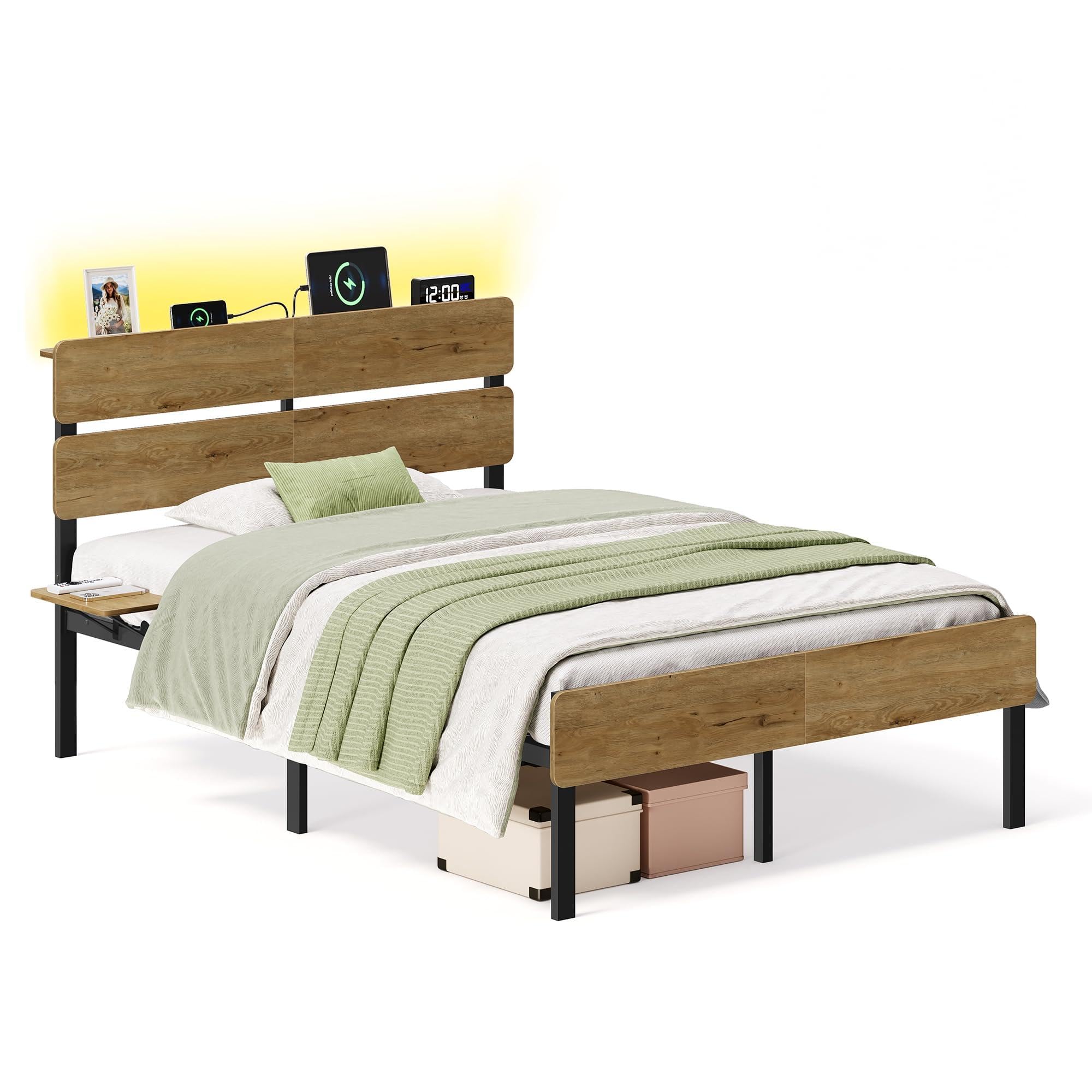 VASAGLE Small Double Bed Frame with Storage Headboard, LED Lights โ image 1