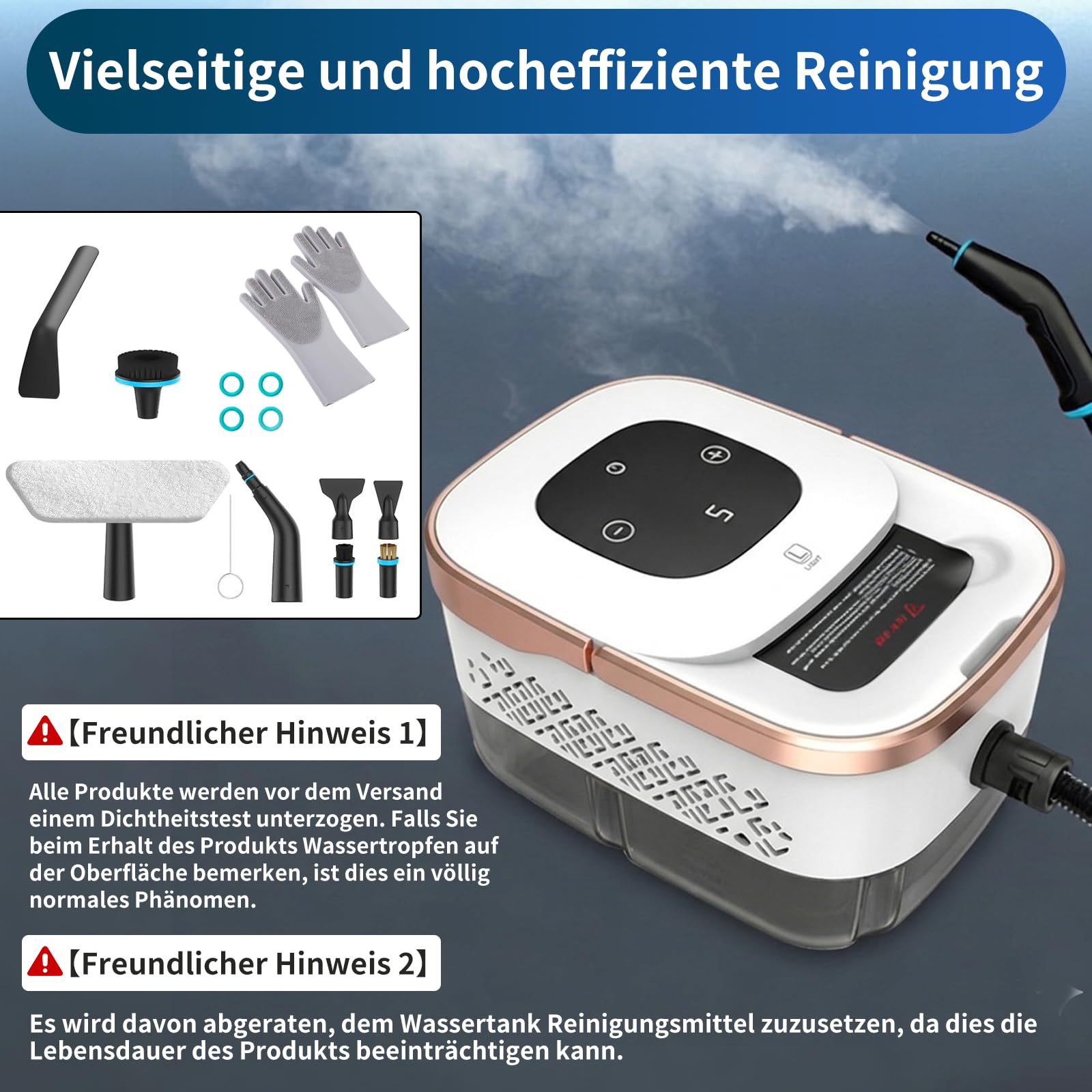 Dampfreiniger Handgerät, 2500W Handdampfreiniger, 8 Düsen, 6 Dampfstufen, 1250 ML Tank, 105℃ Hochtemperatur, 4 BAR Hochdruck, 15S Heizzeit, Tragbarer Dampfreiniger für Auto Küche Bad Polster