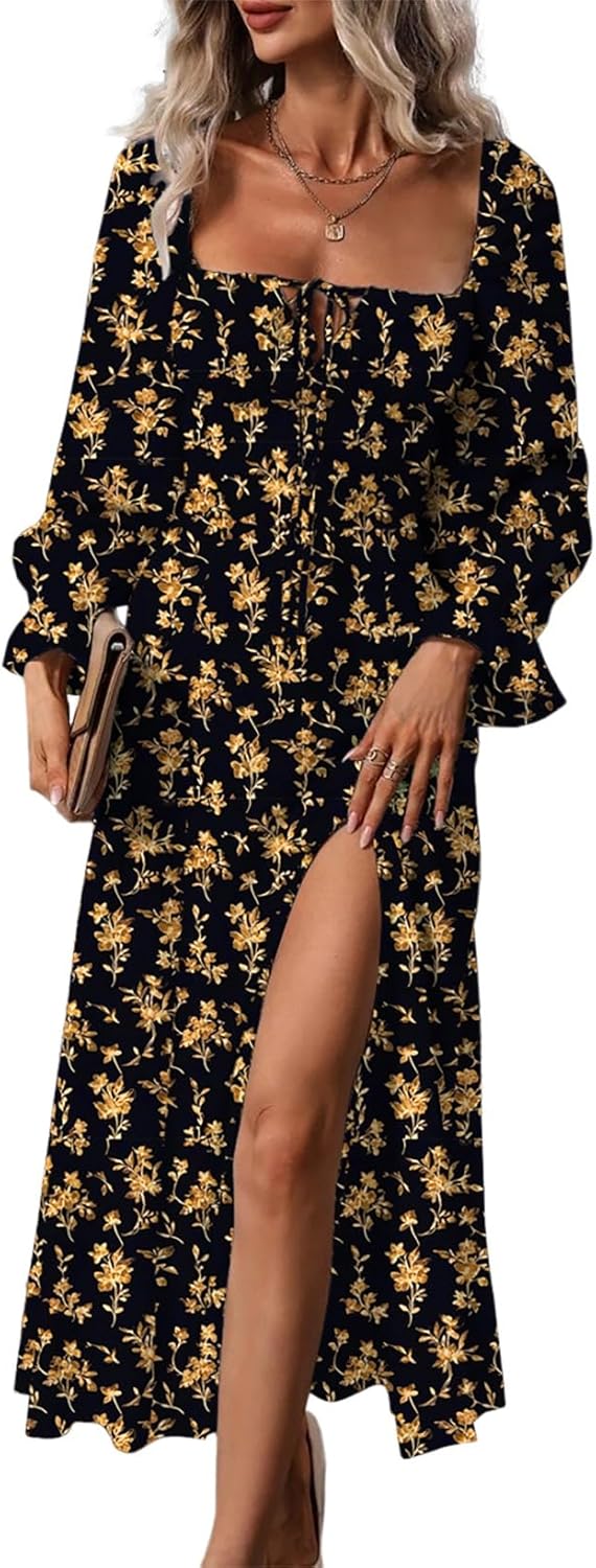 BLENCOT Womens Casual Square Neck Long Sleeve Boho Floral Midi Dress Print Side Split Dresses
