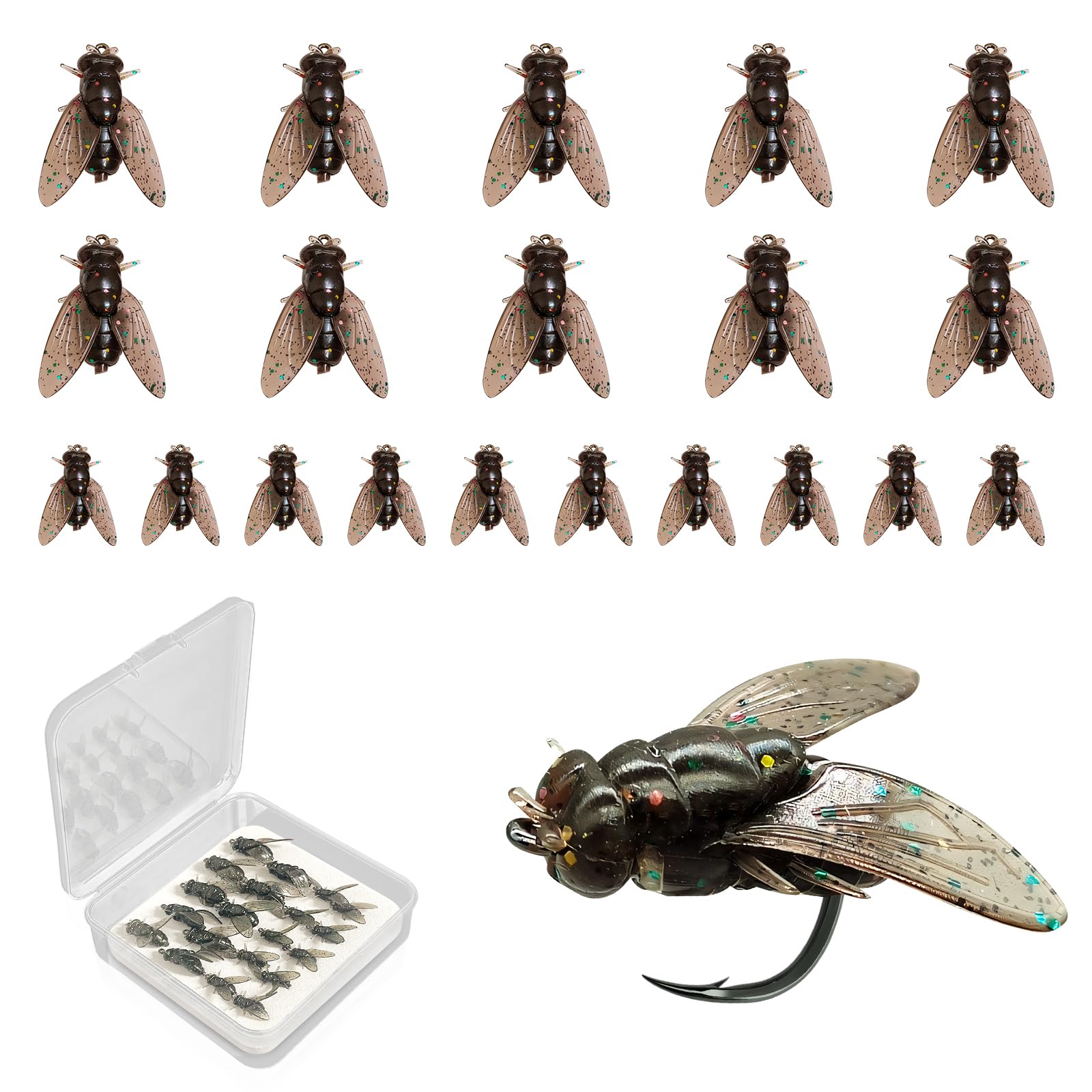 Mesen Pack of 20 Bionic Fly Fishing Bait, Fly Hook Soft Bait Add Fish Attractant Fishing Gear, Fly Hook, Bionic Fly Fishing Bait, Fish Attractant Add Fishing Tackle (10 Large + 10 Small)