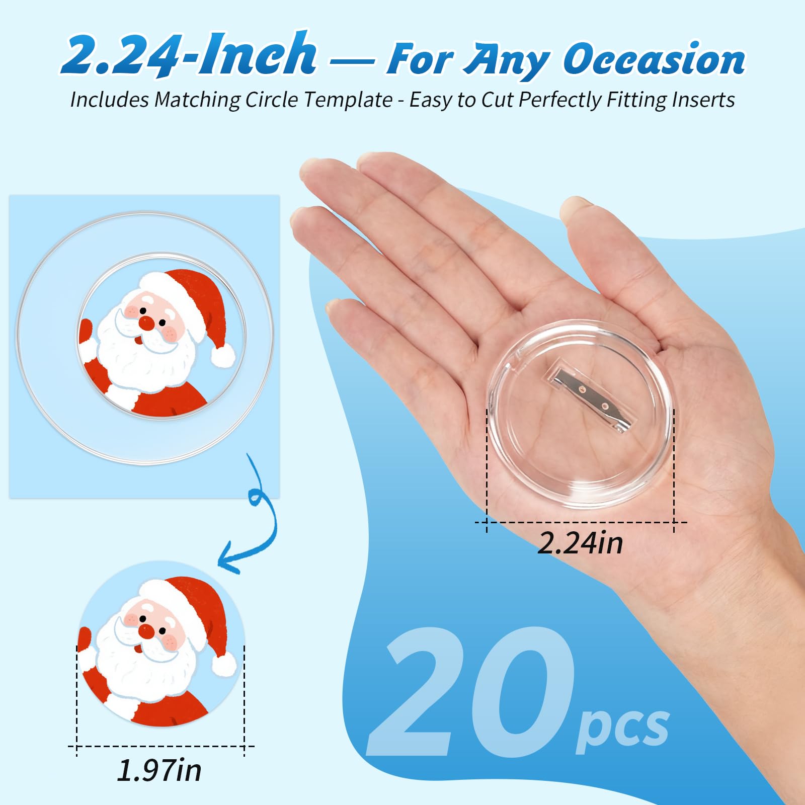 20 Stück 5,7 cm klare Knopfnadeln – DIY-Foto-Knopf zum Zusammenstecken ohne Maschine – wiederverwendbare Acryl-Blanko-Abzeichen-Anstecknadeln für Geburtstagsparty, Schulprojekte und Partys