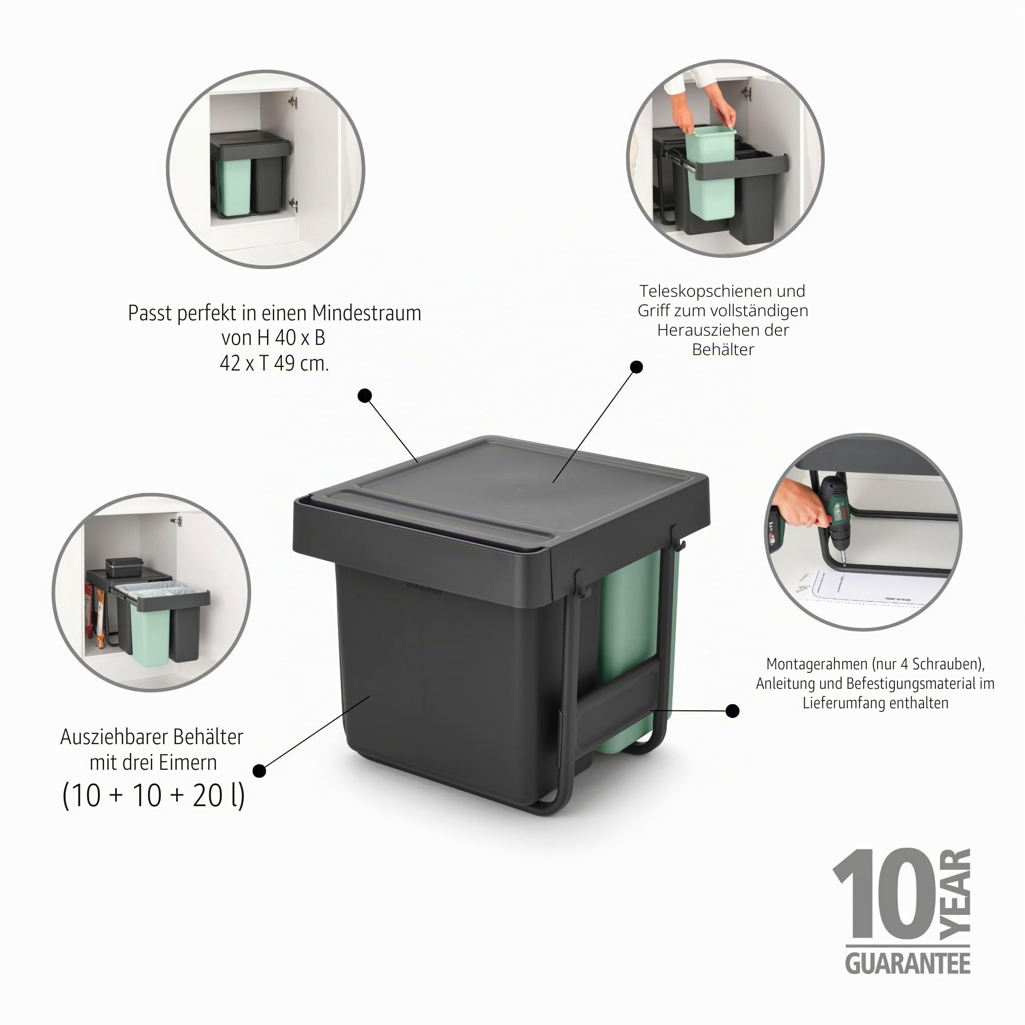 Brabantia Sort & Go Ausziehmülleimer | 10+10+20 l Einbaumülleimer für die Unterschranktür | Integrierte Doppel-Mülltrennungseinheit, leichtgängige Schiene, herausnehmbarer Inneneimer | Grey & Green