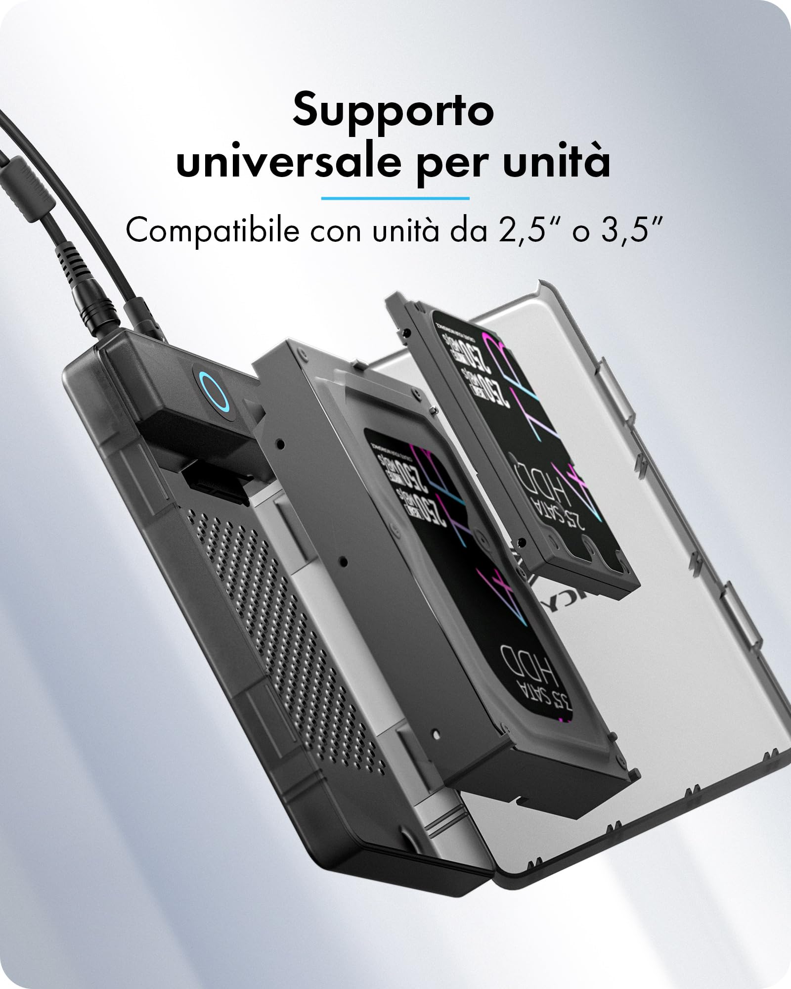 ICY BOX Spade Base 388 (case SATA 2,5"/3,5"), USB 3.2 Gen 1 Type-C, fino a 5 Gbit/s, UASP, Plug & Play, senza attrezzi, LED, fino a 30 TB, IB-388-CU3