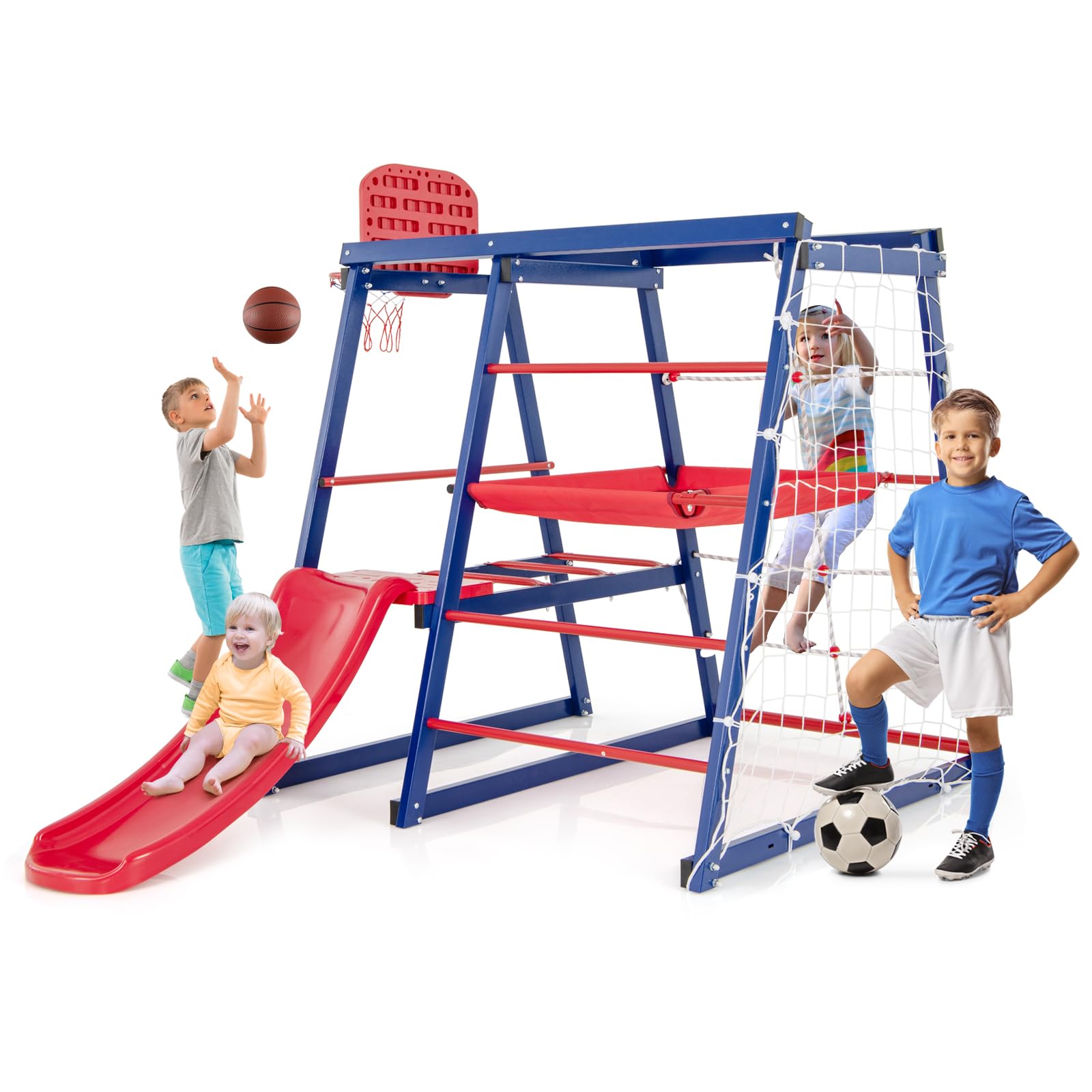 GYMAX Parco Giochi 7-in-1 per Bambini, 150x142x146 cm, Set di Giocattoli con Scivolo, Rete da Arrampicata, Scala, Canestro da Basket e Porta da Calcio, Centro di Attività Interni Esterni, 3-7 Anni
