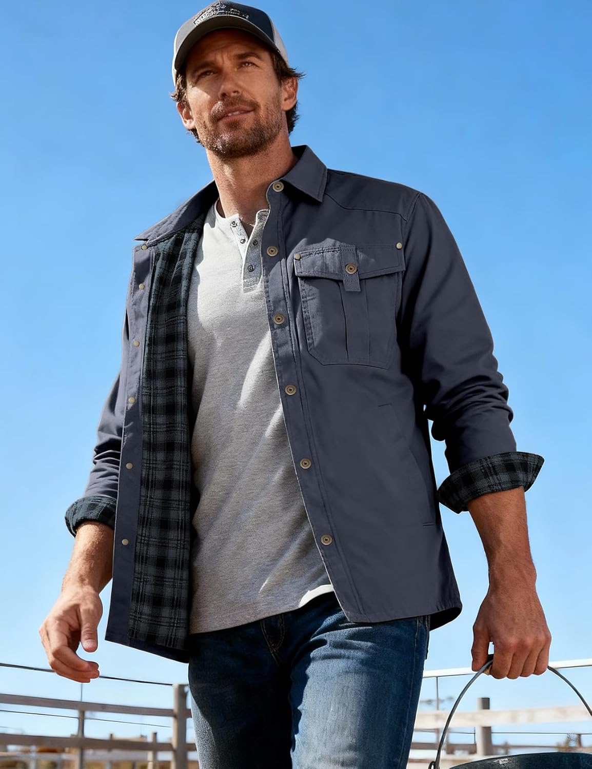 Flygo Mens Flannel Lined Shirt Jacket Lightweight Snap Button Western Jacket Rugged Outdoor Cowboy Shirts Jackets - Image 3