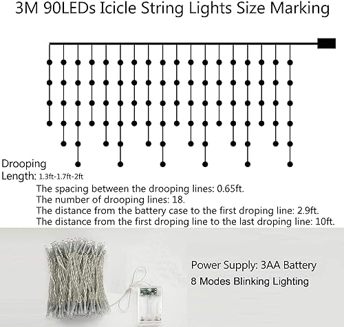 Miniatura 6 de Luces de carámbano de 10 pies 90 LED para ventana, cortina corta, impermeable, luces parpadeantes para interiores y exteriores, hogar, jardín,