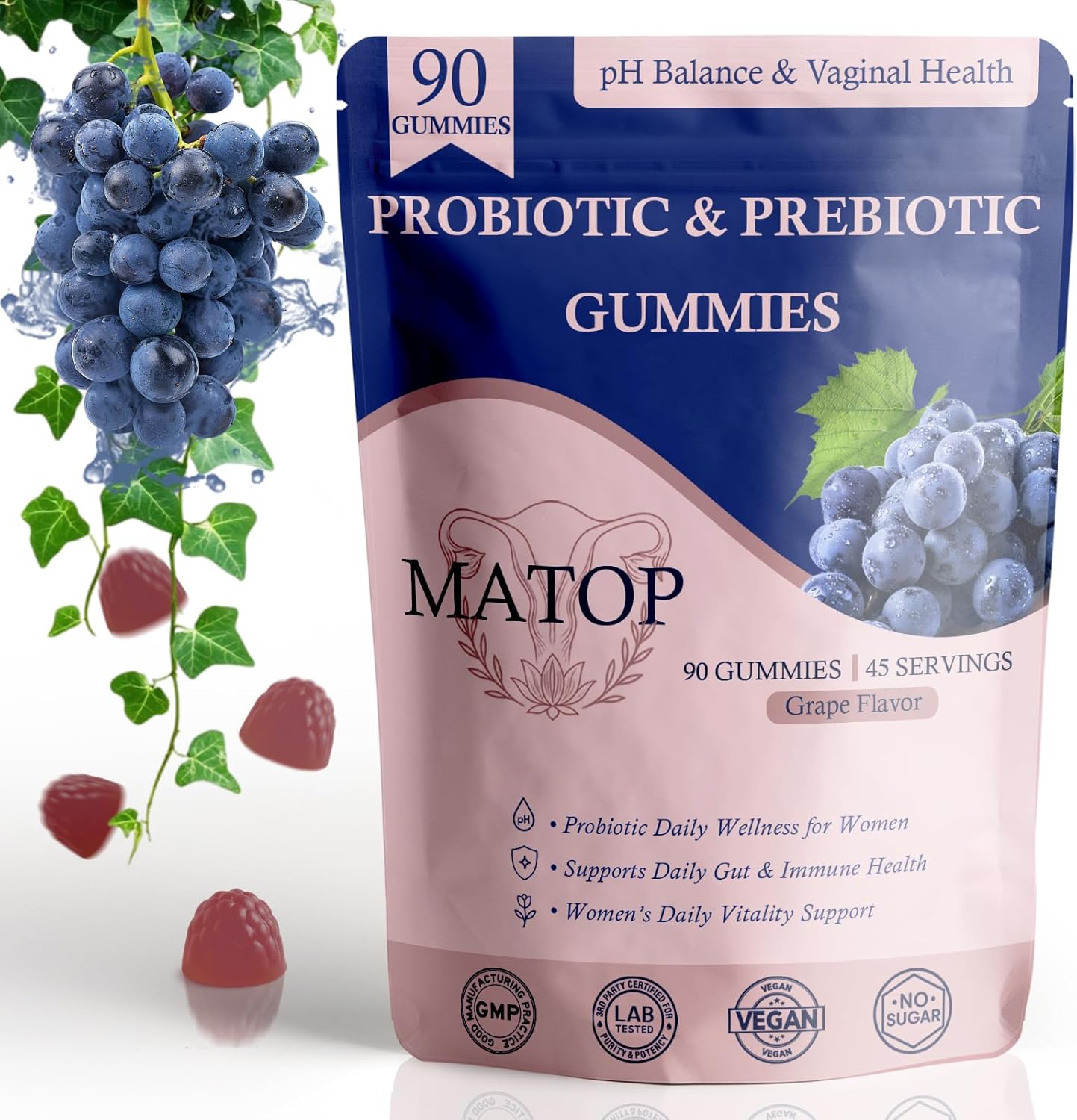 MATOP Probiotic Prebiotic pH Balance Gummies - Vaginal Health Gummies for Women Pro + Prebiotic with Pineapple Flavor, Vegan, Sugar-Free – 90 Gummies (45 Servings)