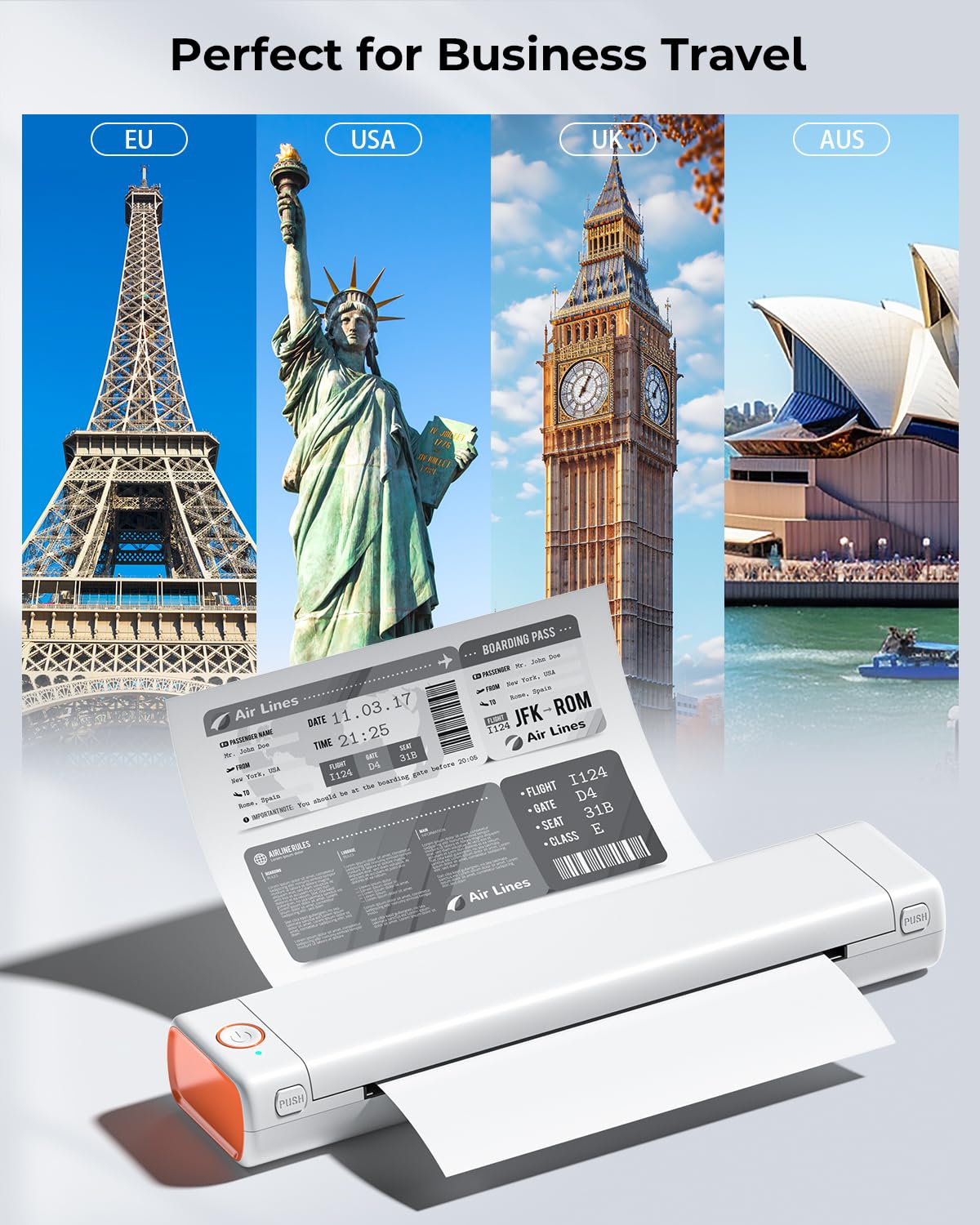 Phomemo M08F Impresora Térmica Portátil, Impresora Térmica Compatible con Smartphone vía Bluetooth, PC vía Cable USB, Impresora de Viaje Soporta Papel Térmico A4, Blanco Naranja