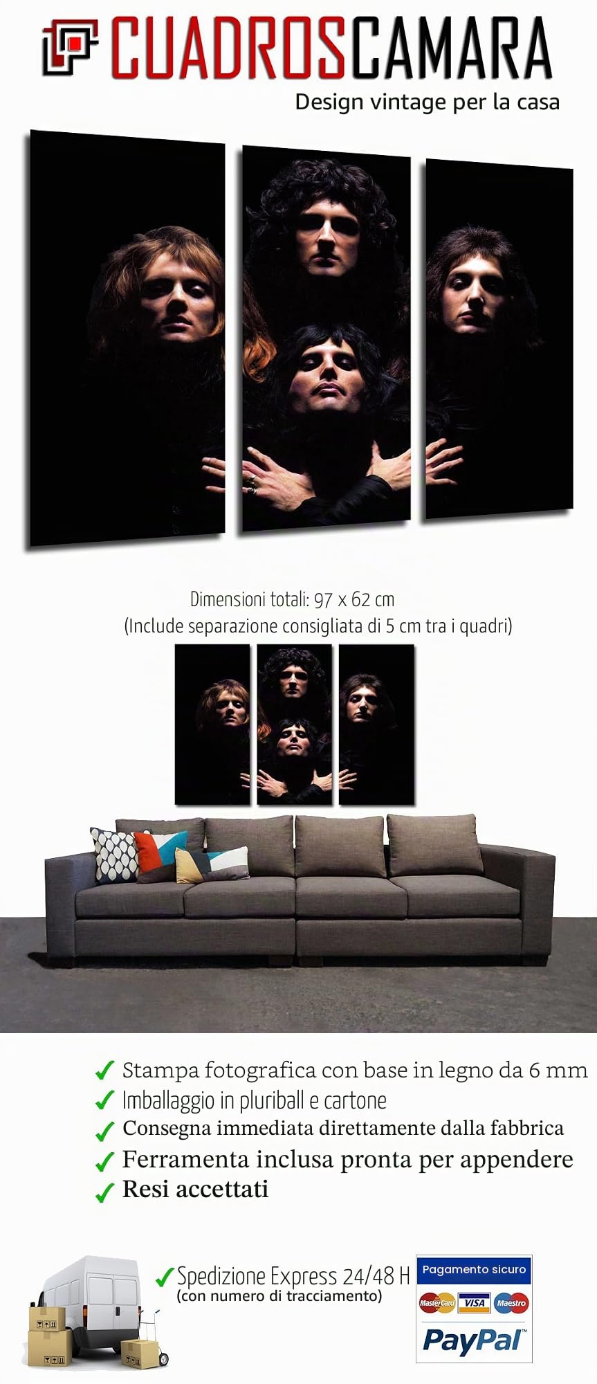 Quadro fotografico Queen, Freddie Mercury, Brian May, Musica Rock, Bohemian Rhapsody. Dimensioni totali: 97 x 62 cm XXL.