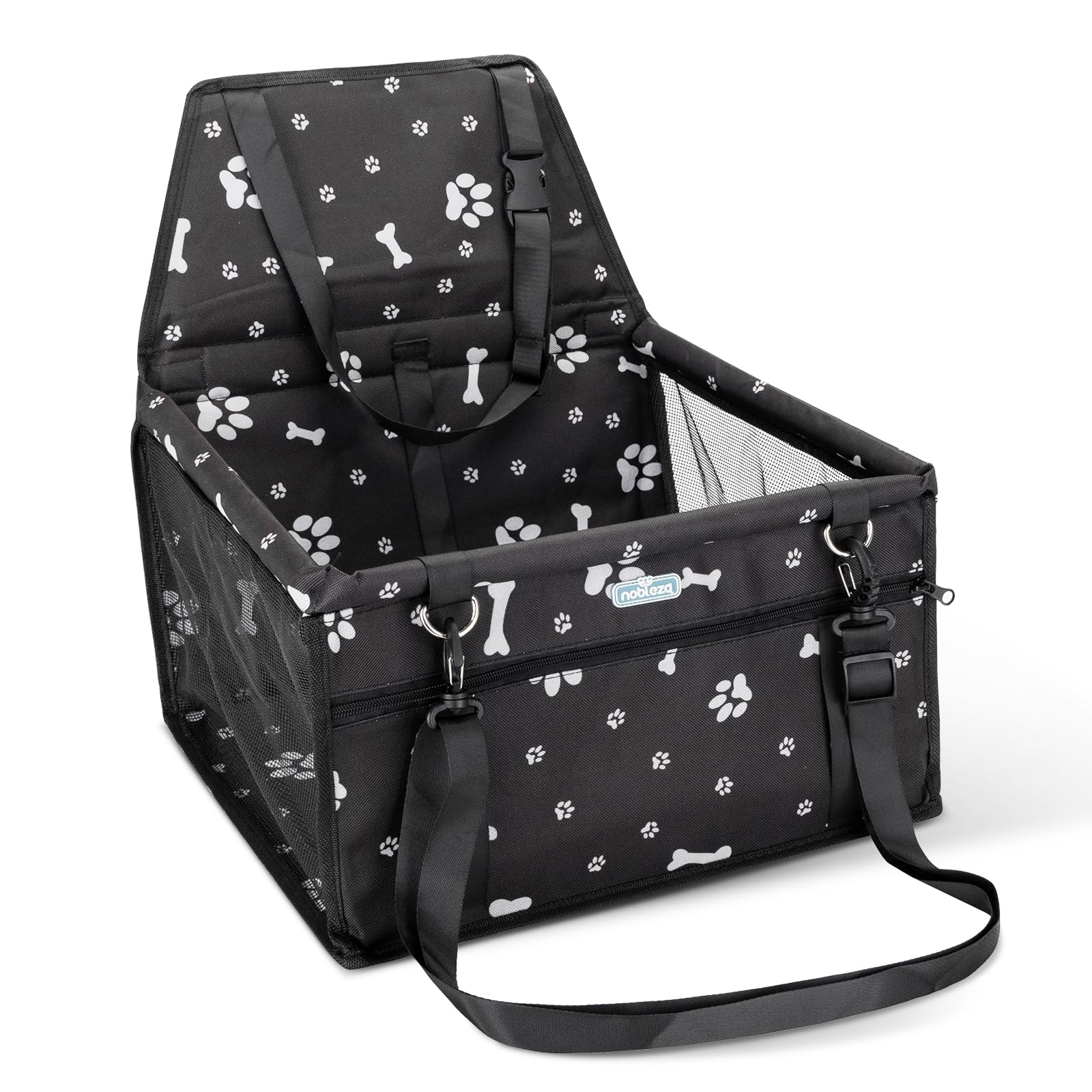 Nobleza Seggiolino Auto per Cani Piccola Taglia e Gatti, Trasportino Cane Auto con Tasca con Cerniera e Cintura di Sicurezza, Impermeabile e Pieghevole, Rete Traspirante, 40x34x25cm, Nero