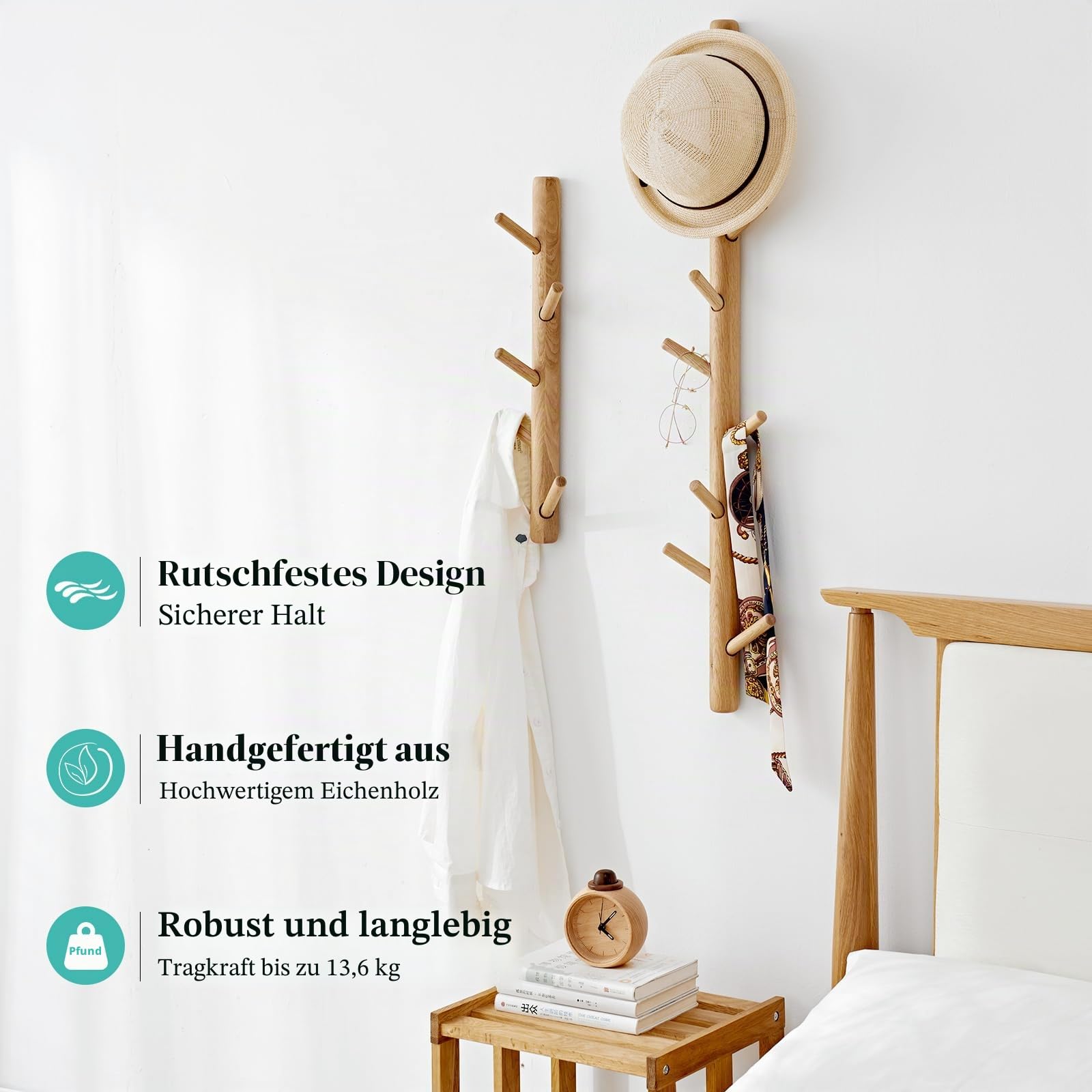 Wandgarderobe Wand, 70cm Vertikale Garderobenleiste mit 7 Haken, Zweige Kleiderhaken Garderoben Haken für Hängen Sie Jacken, Mäntel, Hüte, Schals und Handtaschen