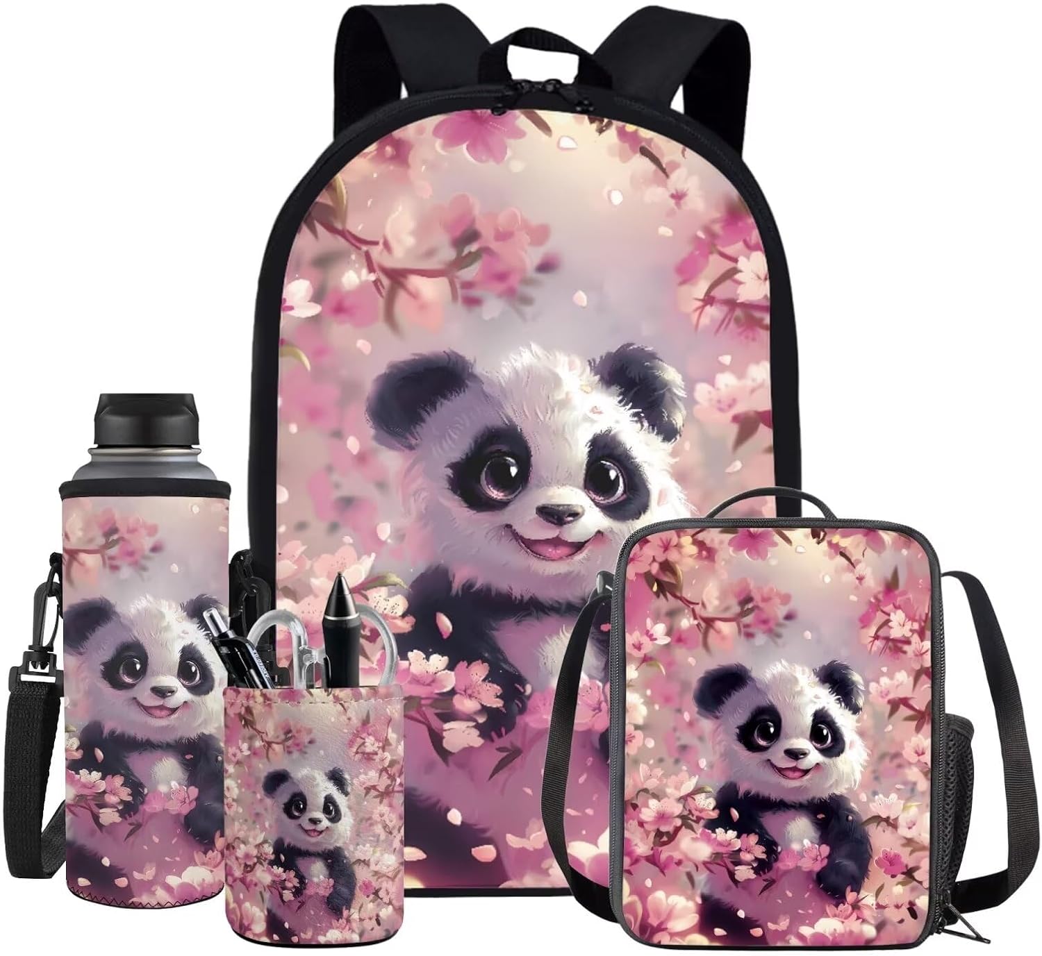 Panda Backpack for Girls 10-12 Pink Backpack for Middle School Girls with Lunch Box Water Bottle Sleeve and Round Pen Holder Casual Daypack Travel Rucksack Set of 4