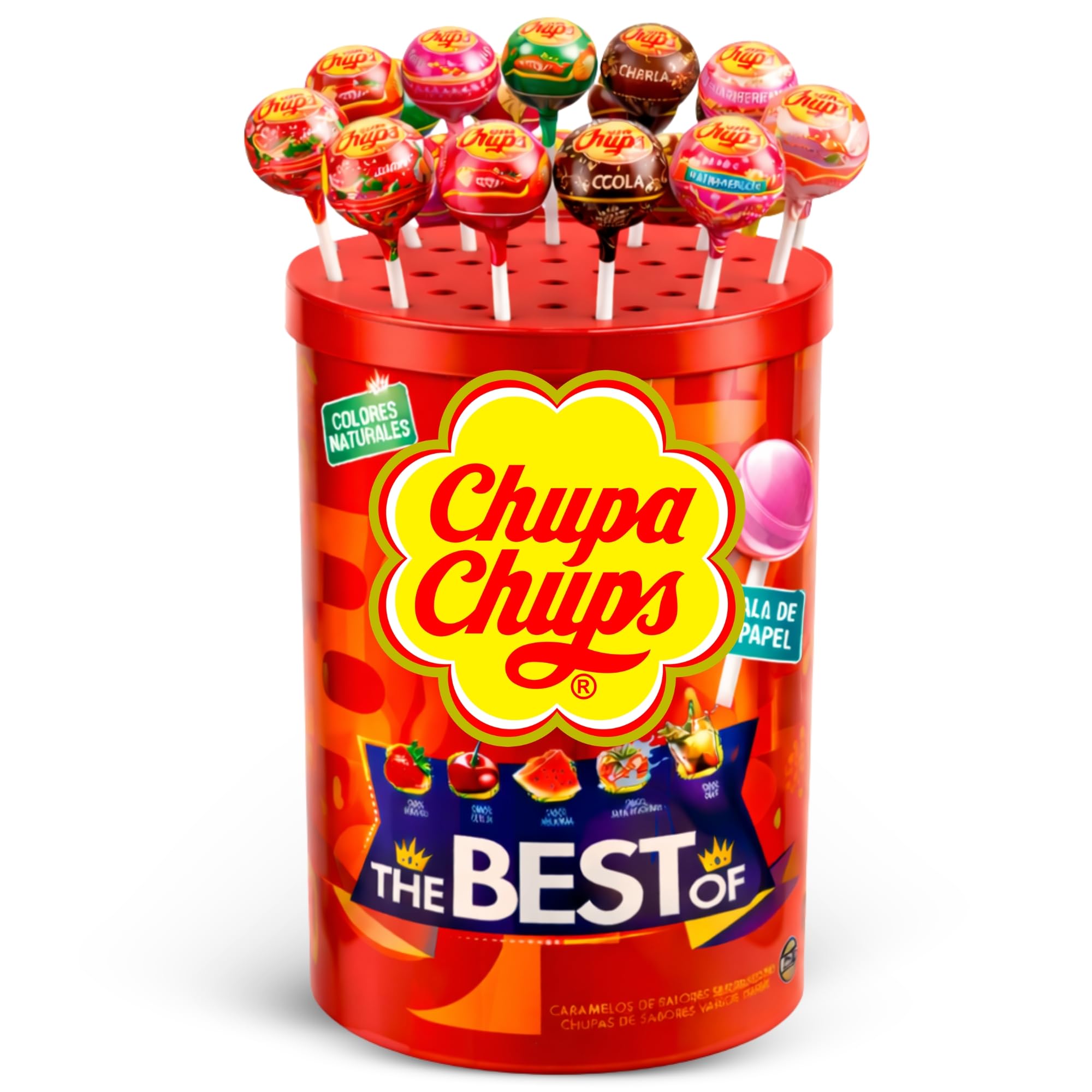 Caramelo Chupa Chups Original sabores Variados, Caramelo con palo de papel, Tamaño original, Apto para veganos, sin gluten, es completamente apto para celíacos, Contiene 1 caja de 100 unidades