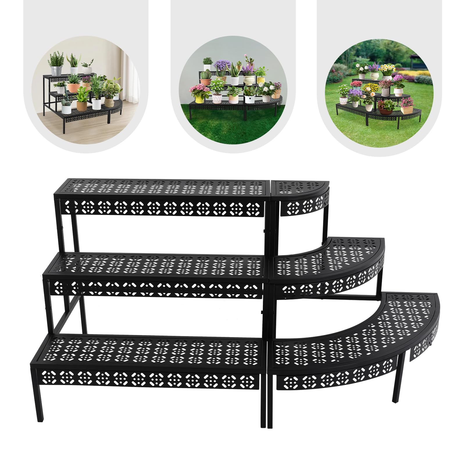 Escalier à fleurs en métal à 3 niveaux, étagère à fleurs, étagère à plantes pour jardin, balcon, intérieur et extérieur, étagère à fleurs multifonctionnelle avec grande capacité, rond, noir