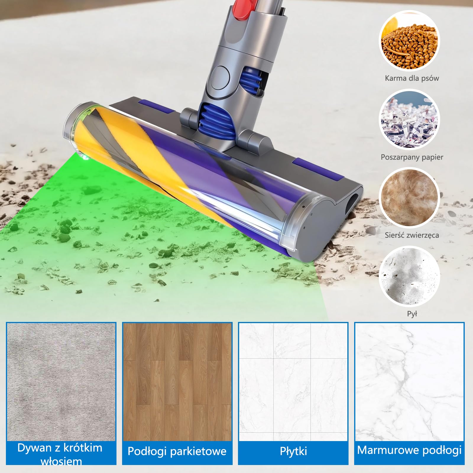 Szczotki do odkurzaczy Dyson V12 Detect Slim i Dyson V10 Digital Slim. Szczotki mają miękkie włosie i zielone światło LED o pełnym pokryciu.