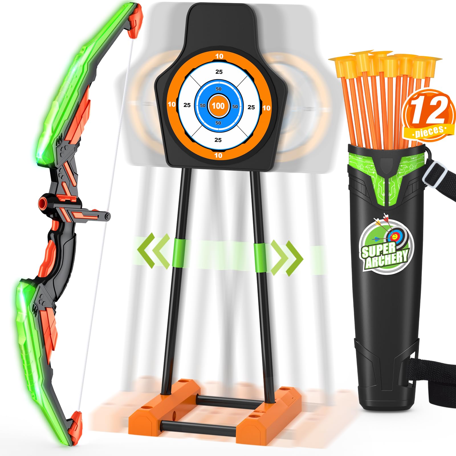 Bow and Arrow for Kids with Moving Target, LED Light Up Archery Set with 12 Suction Cup Arrows, 1 Quiver, Indoor Outdoor Sport Gifts for Boys Girls Ages 4-12, Green
