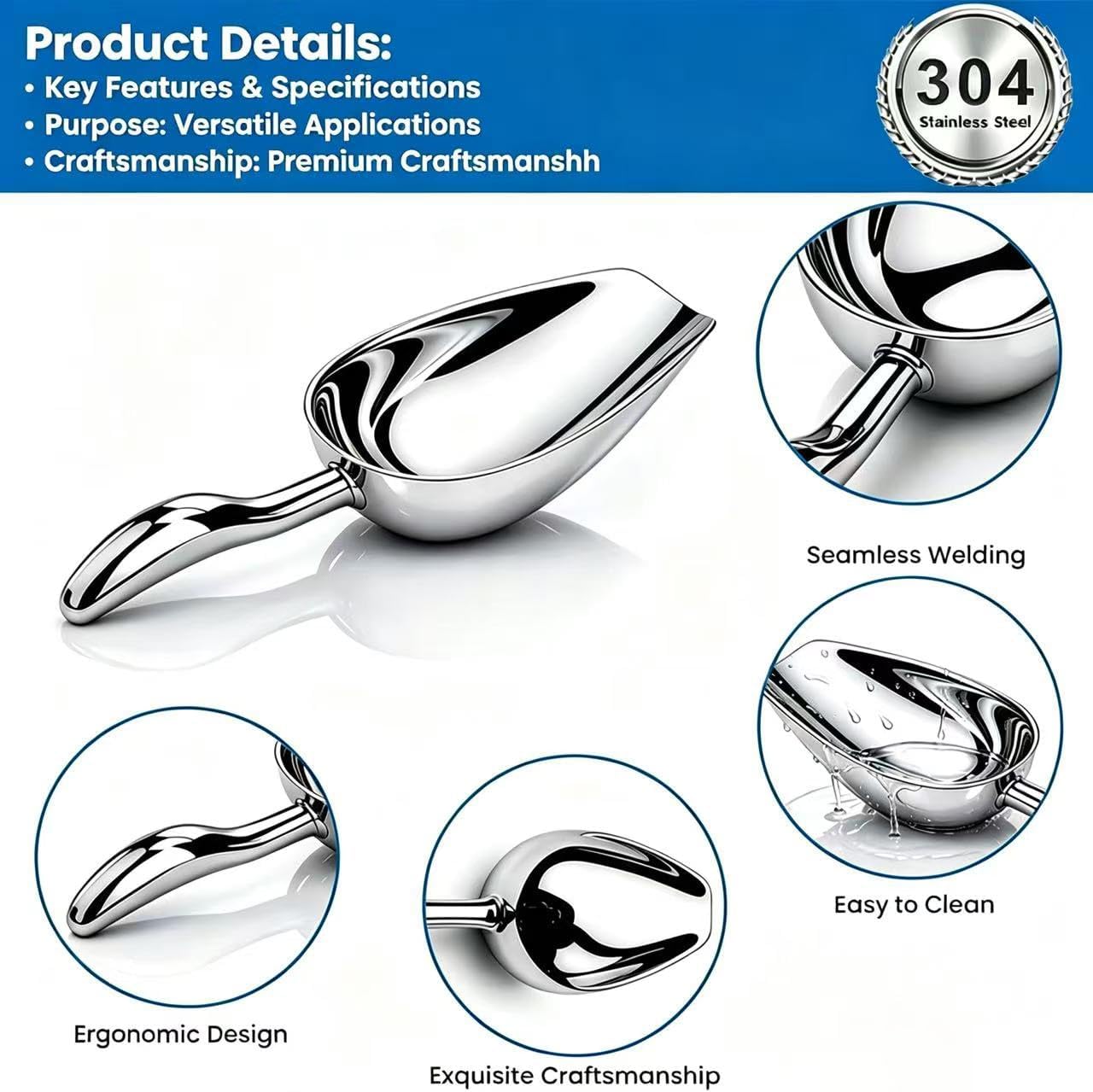 12 oz 304 stainless steel ice scoop, suitable for freezers and ice makers, heavy-duty metal scoop, dishwasher washable, multi-purpose use for weddings, bars, parties, kitchens, etc(12 OZ)