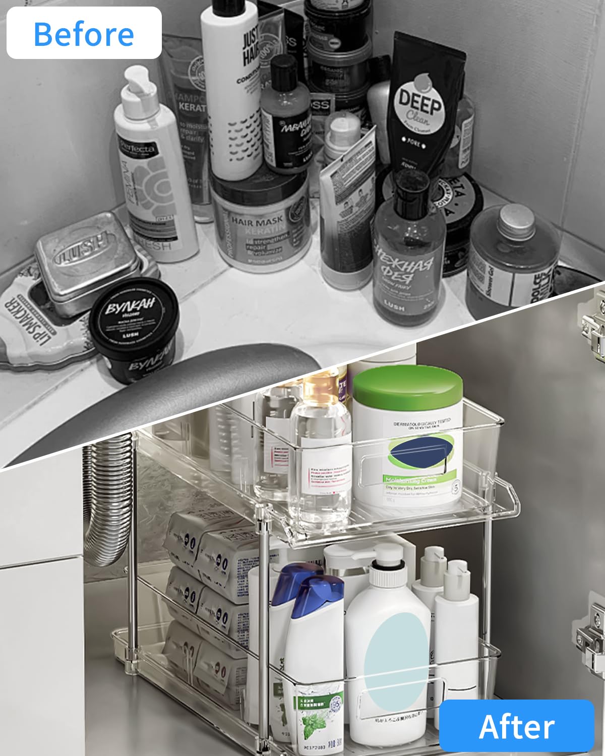 Organisateurs sous Évier 2 Niveaux, Lot de 2 Coulissant, Rangement et Organisation Polyvalente de Cuisine, Transparent