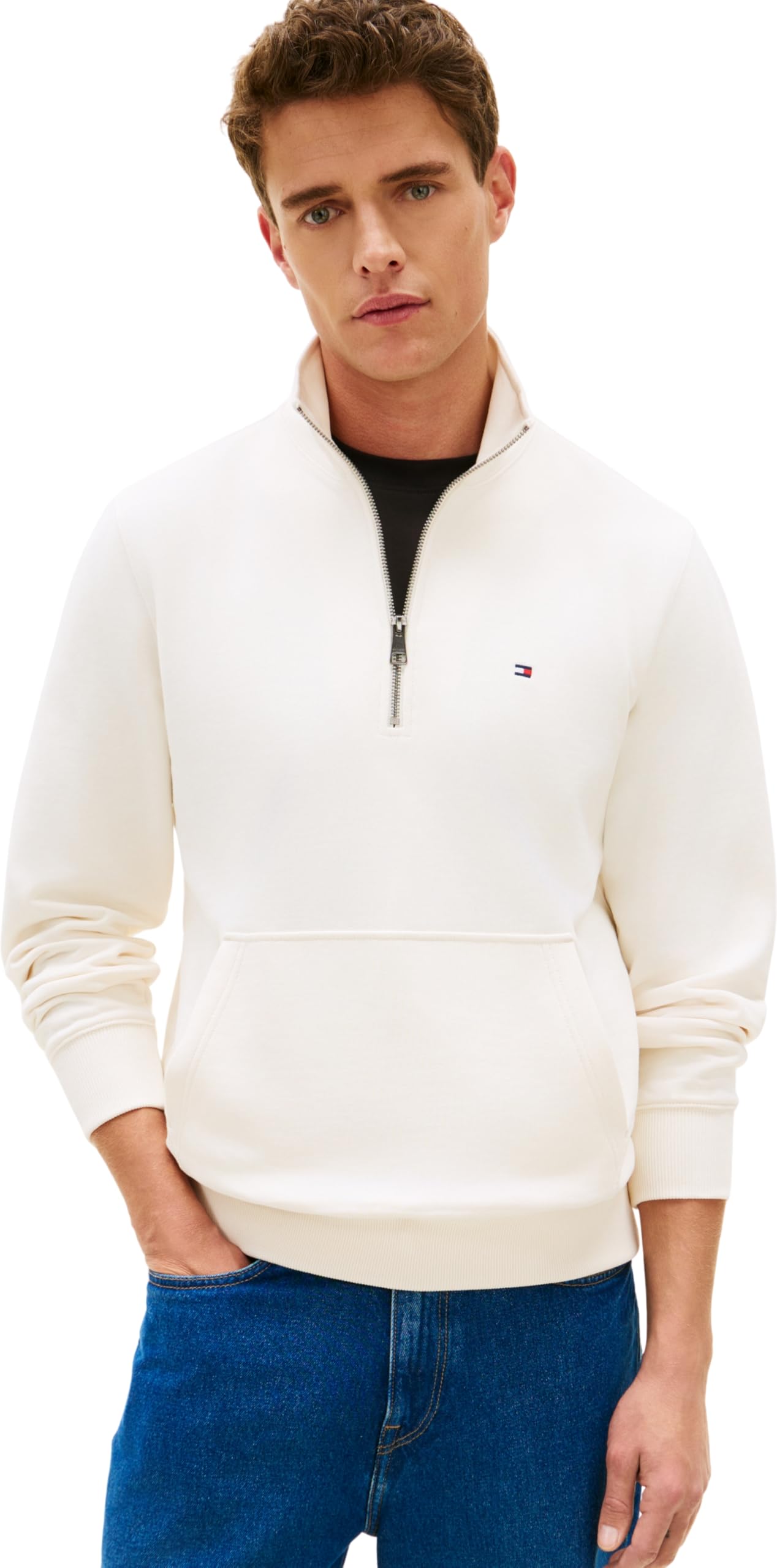 Tommy Hilfiger Men’s Sweatshirt with Zip Essential Terry New with Stand Collar, Off-White (Ivory Petal), M