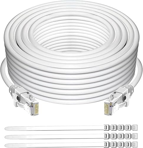 Adoreen Cable Ethernet Cat 6 de 30 pies, color blanco, para exteriores e interiores, cable de red RJ45 redondo largo y redondo, POE, suave y
