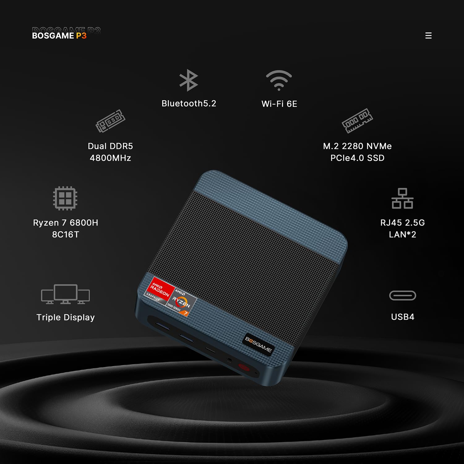P3 Lite Mini PC Gaming Computers Ryzen 7 6800H, Radeon 680M Graphics, 24GB DDR5 RAM, 1TB PCIe 4.0x4 SSD,Triple Display (HDMI/DP/USB4),USB4 8K 60Hz,WiFi 6E,BT5.2,Dual 2.5GbE LAN