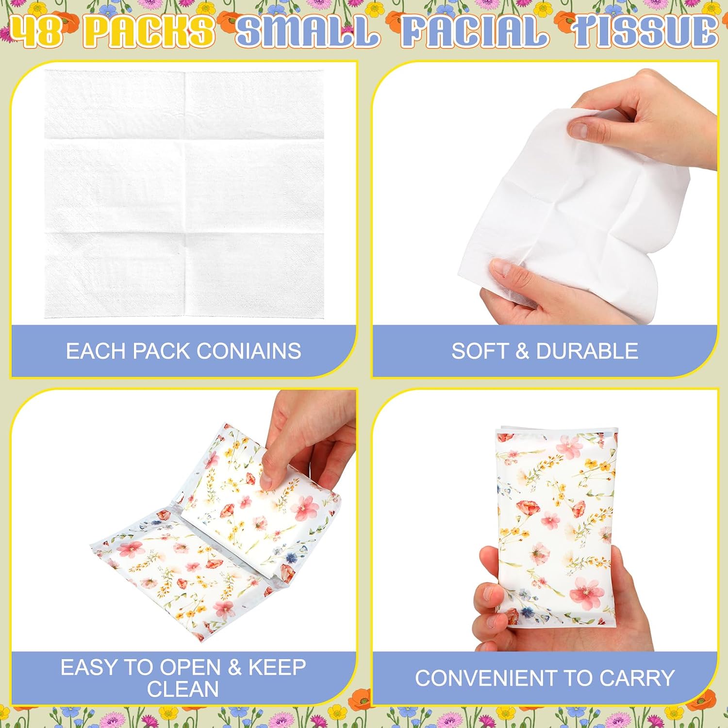 24 Packs Wildflower Pocket Tissues Bulk Individual Travel Tissue Packs 3 Ply Travel Size Facial Paper for Summer Birthday Wedding Picnic Party Favor (Spring Wildflower)