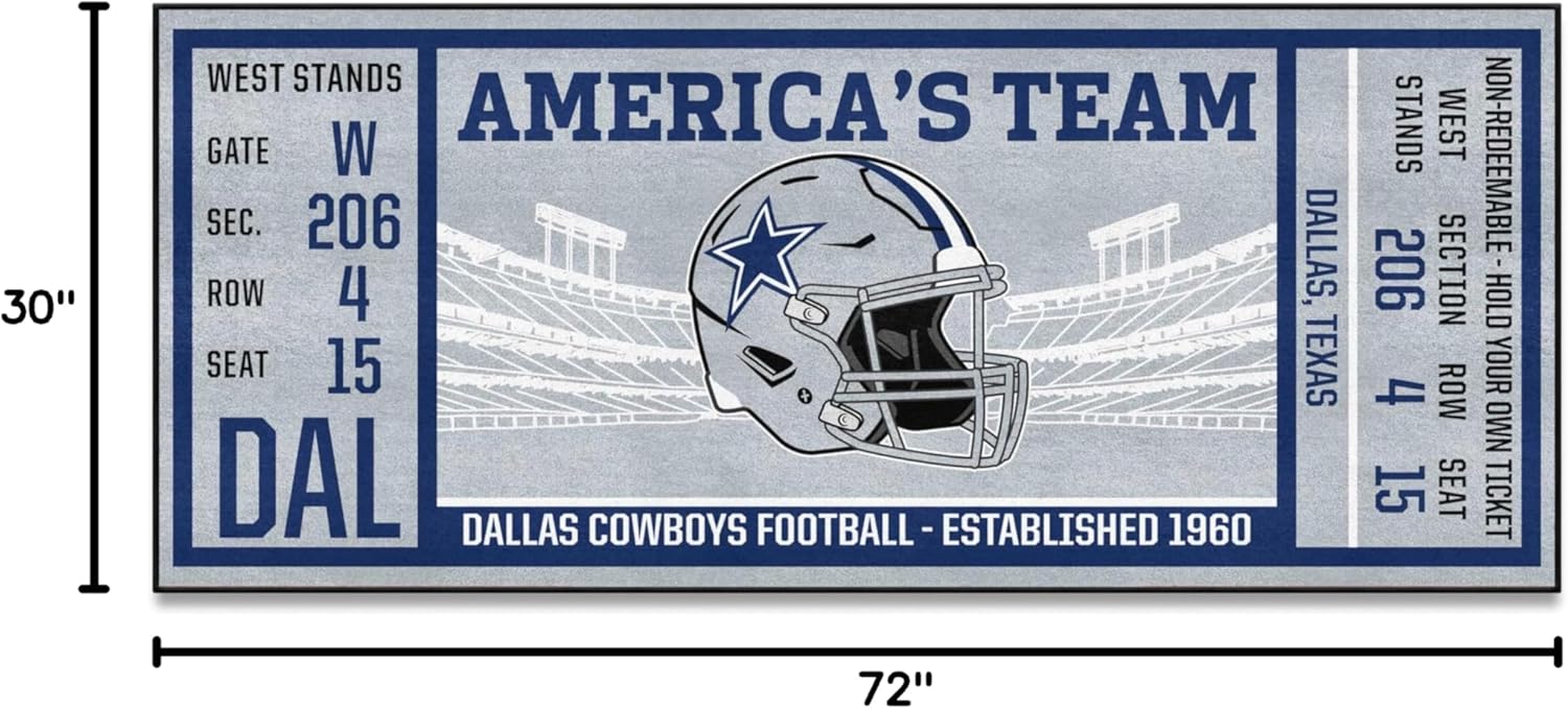 FANMATS 23118 Dallas Cowboys Ticket Design Runner Rug - 30in. x 72in. | Sports Fan Area Rug, Home Decor Rug and Tailgating Mat