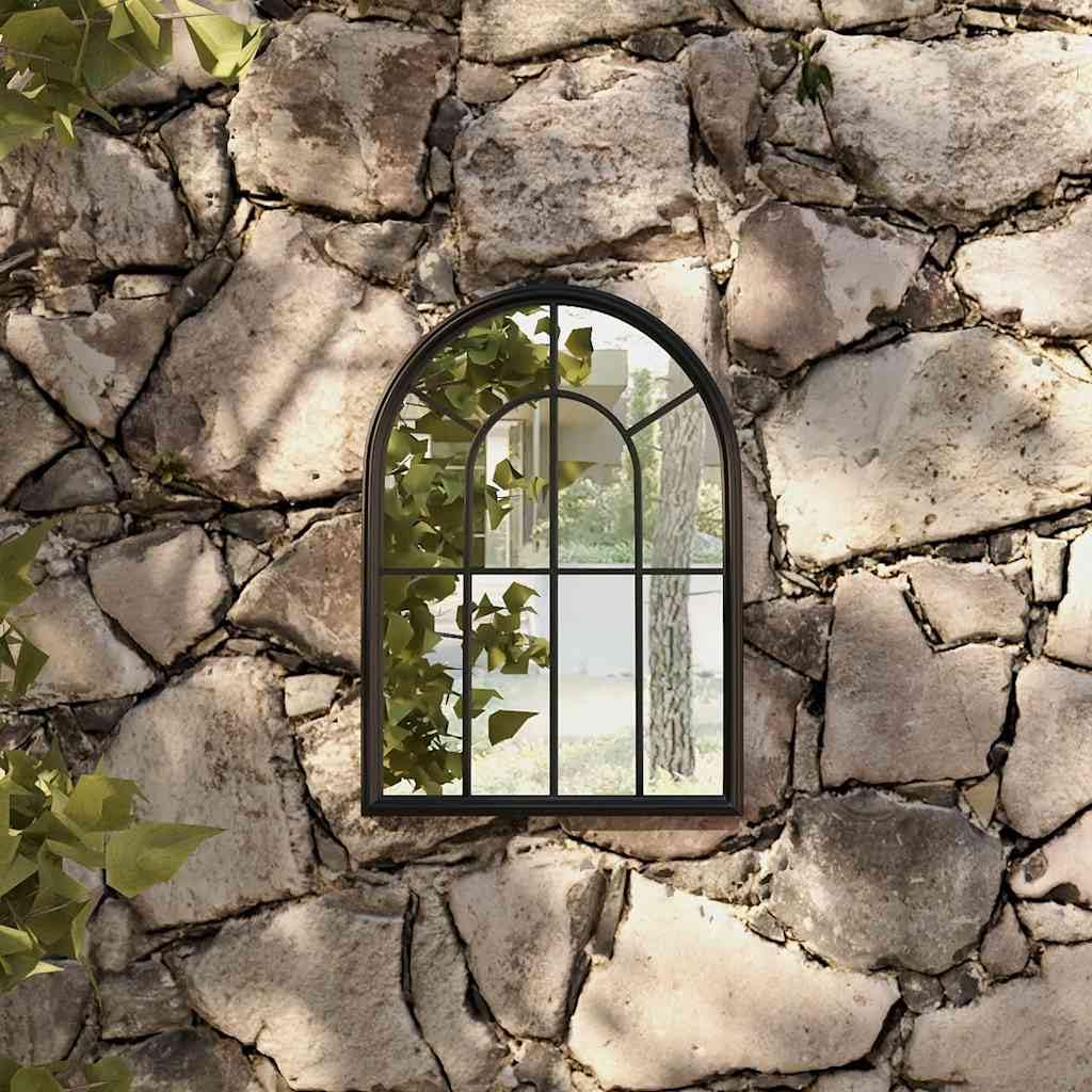 Gartenspiegel Schwarz 60x45 cm Eisen mit Rosteffekt, Dekospiegel für Außenbereich, Wandspiegel mit Glasrahmen, Hängespiegel zur Gartenverschönerung und Lichtreflexion