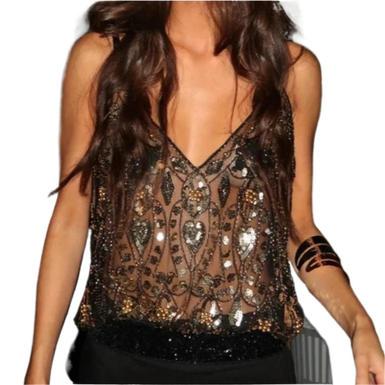 Top De Lentejuelas Camisola Sexy con Lentejuelas y Cuentas for Mujer, sin Mangas, Espalda Descubierta, con Volantes, Plisada, for Fiesta, de Verano