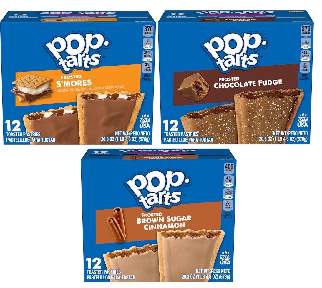 Pop Tarts Frosted Variety, S'mores, Chocolate Fudge, and Brown Cinnamon Sugar, 20 Ounce (Pack of 3) - with Bag Clip