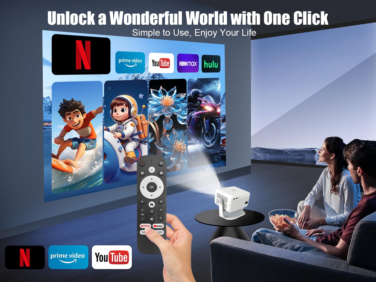 Android 13 Proiettore 4K, Mini Proiettore 400ANSI Video Proiettores con WiFi e Bluetooth, Auto Focus e Auto Keystone, Ruotabile 360° telecomando vocale Proiettori Portatili da soffitto