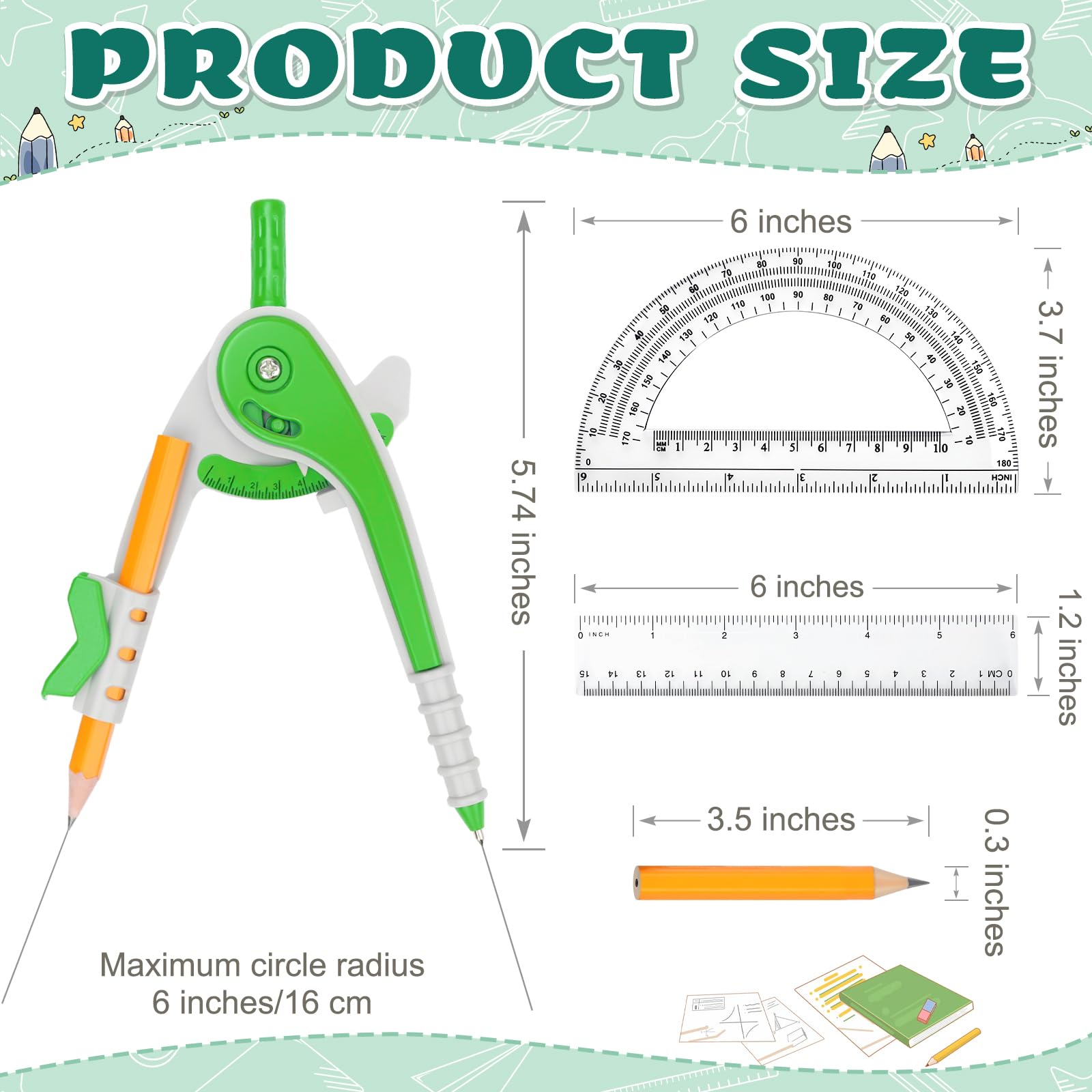 Mathematik-Kompass und Winkelmesser, Geometrie, Mathematik, Kunststoff, Lineal-Set, Zeichenkompass mit Bleistiften, 15,2 cm, Kunststoff-Winkelmesser für Geometrie, Masse, für Klassenzimmer