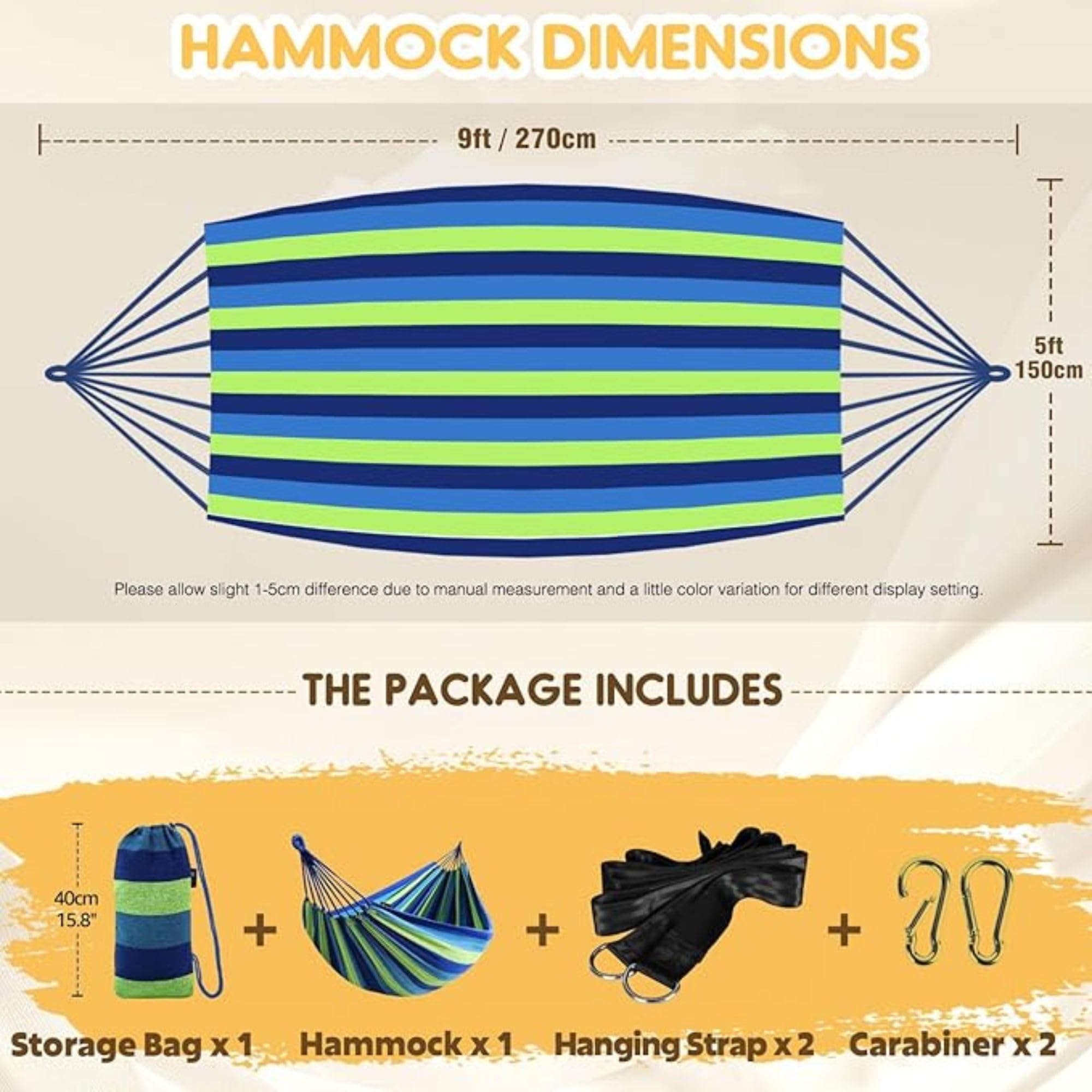 Baskety Cotton Fabric Canvas Travel Hammock with Hardwood Spreader Bar Camping Hammock Swing Bed Outdoor Indoor Use Tree Hanging Beach for Garden, Patio, Balcony, Travel (280 x 100 cm, Blue) 2