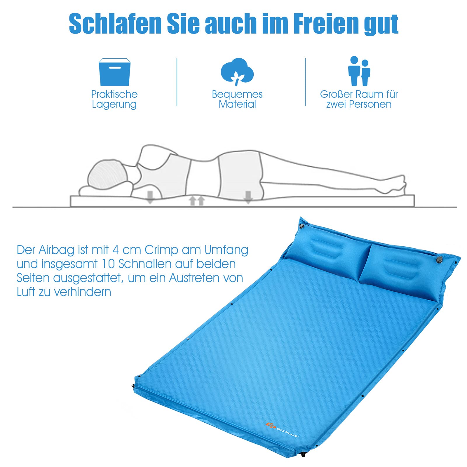 GOPLUS Doppelschlafmatte, Campingmatratze, Isomatte, Selbstaufblasend, Ultraleicht, für 2 Personen, mit 2 Selbstaufblasenden Kissen, aus Pongee & Schwamm, für Wandern, Camping & Reisen