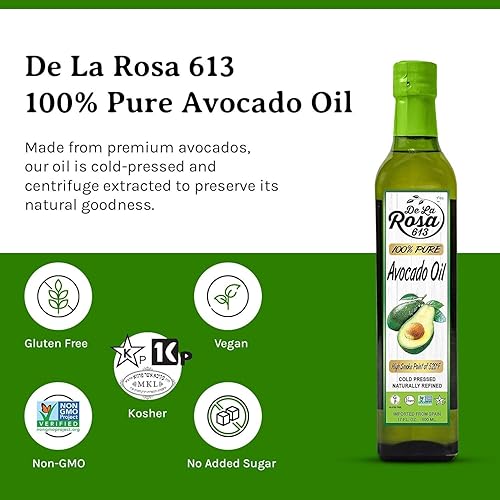 Miniatura 3 de De La Rosa Aceite de aguacate 100% puro, Kosher para Pascua, vegano, sin OMG y sin gluten, ideal para cocinar con alto punto de humo, primer aceite