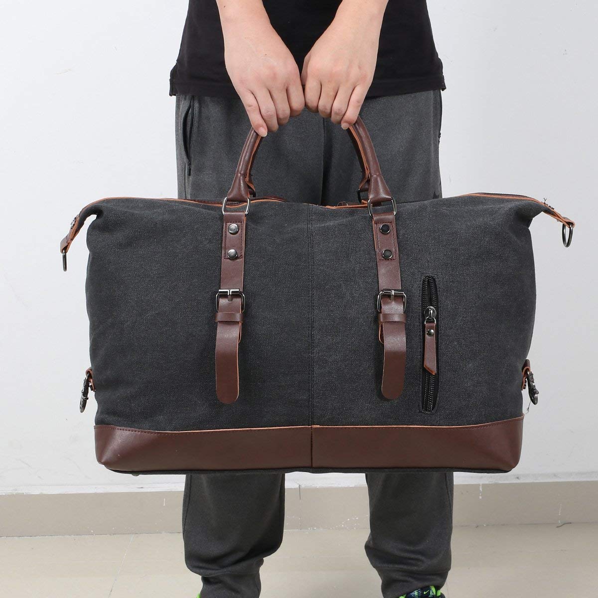 TILEMALL Borsone da viaggio oversize in tela da viaggio, borsa a tracolla, borsa a tracolla per la notte, borsa da weekend, unisex, con manico in finta pelle, Nero, 54cm*33cm*24cm