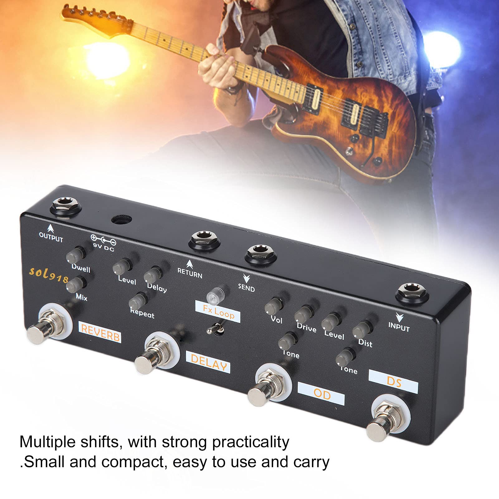 Alomejor Pedal de Efectos de Guitarra, 5 Modos Reverb Delay Fx LOOP Distortion Overdrive con Carcasa de Metal True Bypass para Accesorios de Guitarra Eléctrica