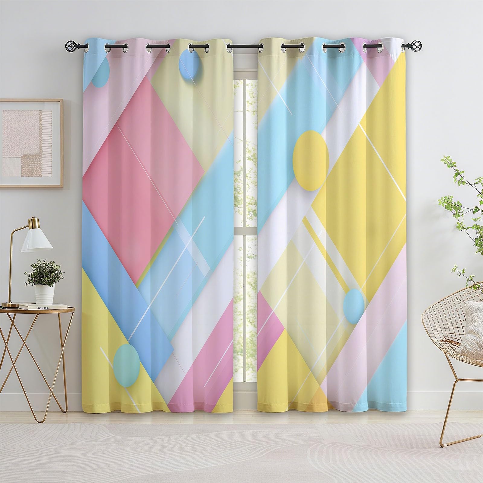 3D Minimalistisch Geometrischer Farblock Gardinen Blickdichte Energiespar Thermo Vorhänge mit Ösen Weich Schiebevorhänge Wohnzimmer Verdunklungsvorhänge 2er Set Macaron-Farbe/Pastell-Macaron